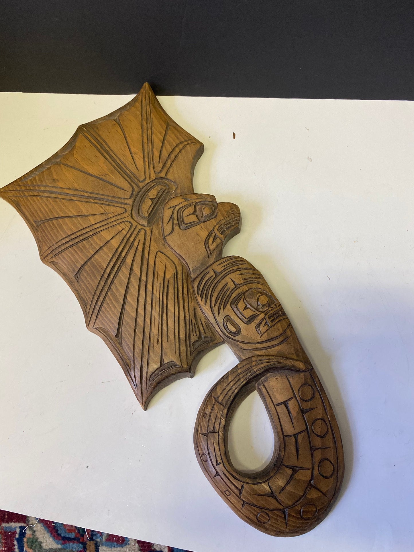 Amazing 20 x 9 Indigenous First Nations cedar plaque Signed Gilbert Grant entitled lightning snake wonderful detail great price