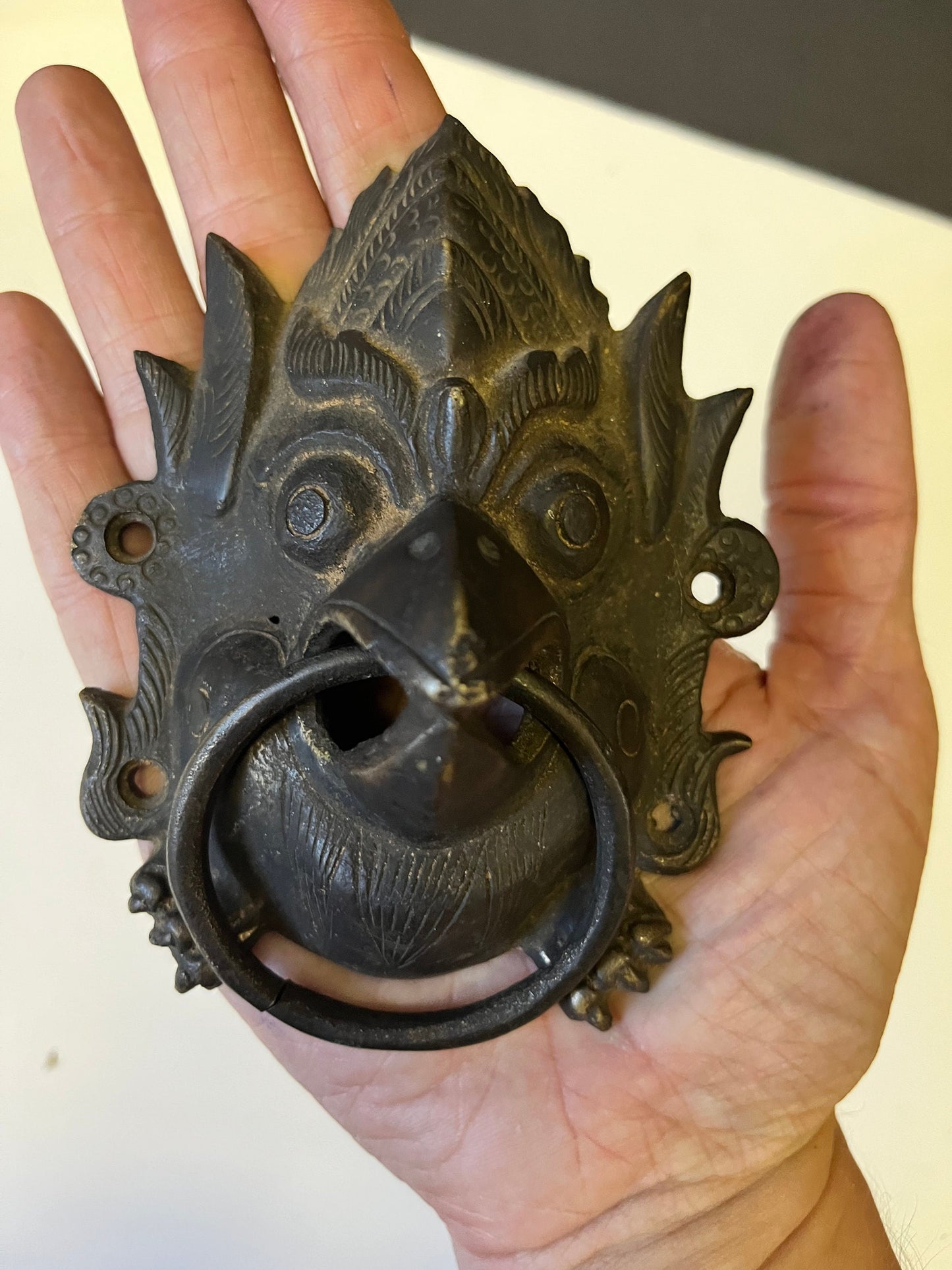 Stunning antique Tibetan 5 inch bronze door knocker representing the devil needs screws Fabulous detail and Patina