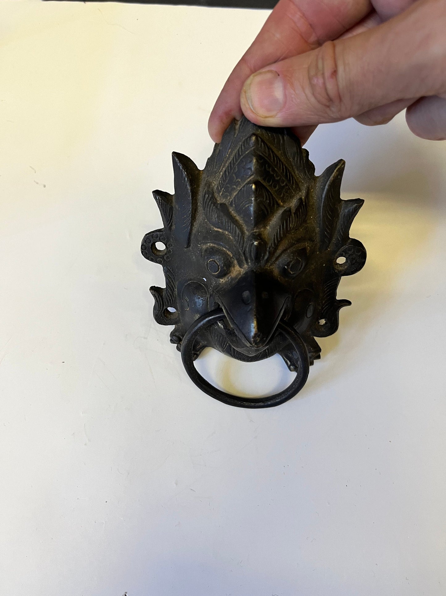 Stunning antique Tibetan 5 inch bronze door knocker representing the devil needs screws Fabulous detail and Patina