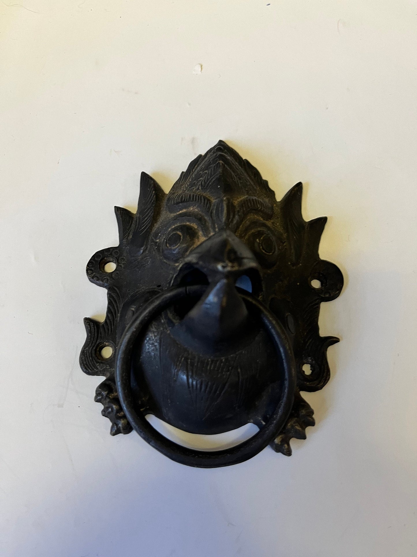 Stunning antique Tibetan 5 inch bronze door knocker representing the devil needs screws Fabulous detail and Patina