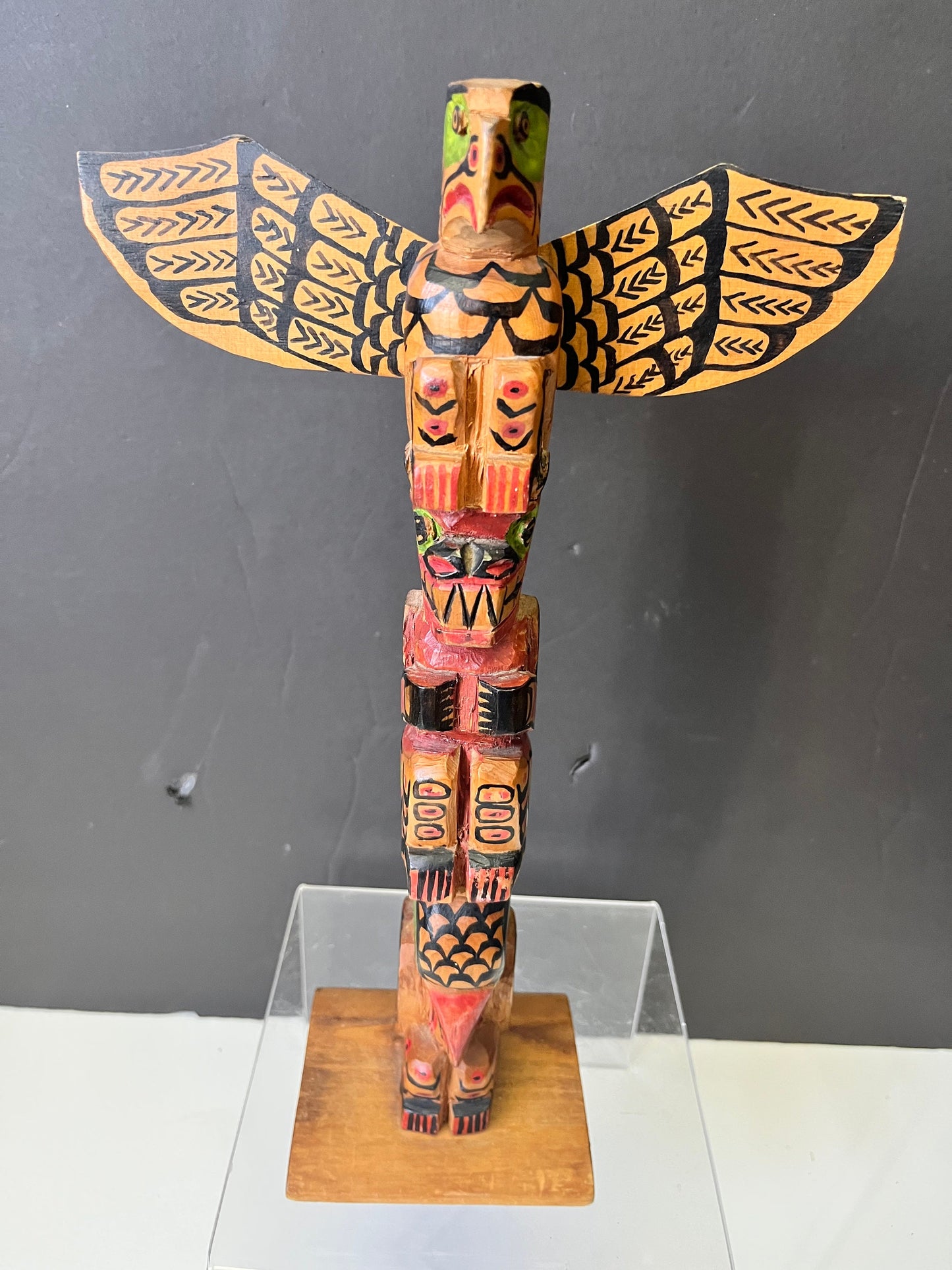 Unbelievable 12 x 8 indigenous Polychrome folk art totem pole with wings antique In great condition was amazing paint detail - wow wow
