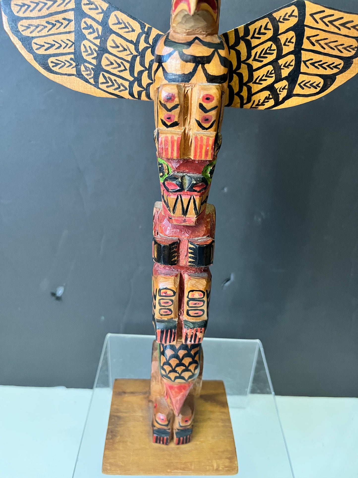 Unbelievable 12 x 8 indigenous Polychrome folk art totem pole with wings antique In great condition was amazing paint detail - wow wow
