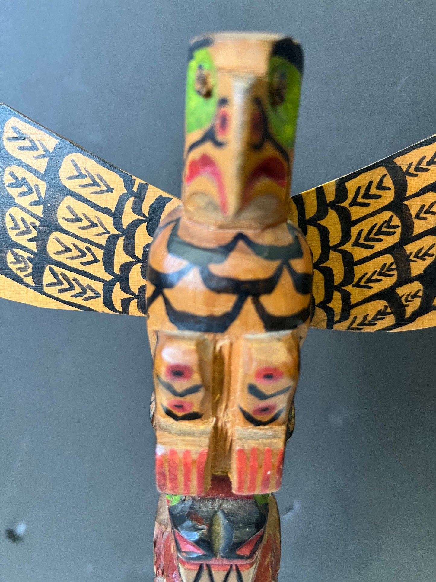 Unbelievable 12 x 8 indigenous Polychrome folk art totem pole with wings antique In great condition was amazing paint detail - wow wow