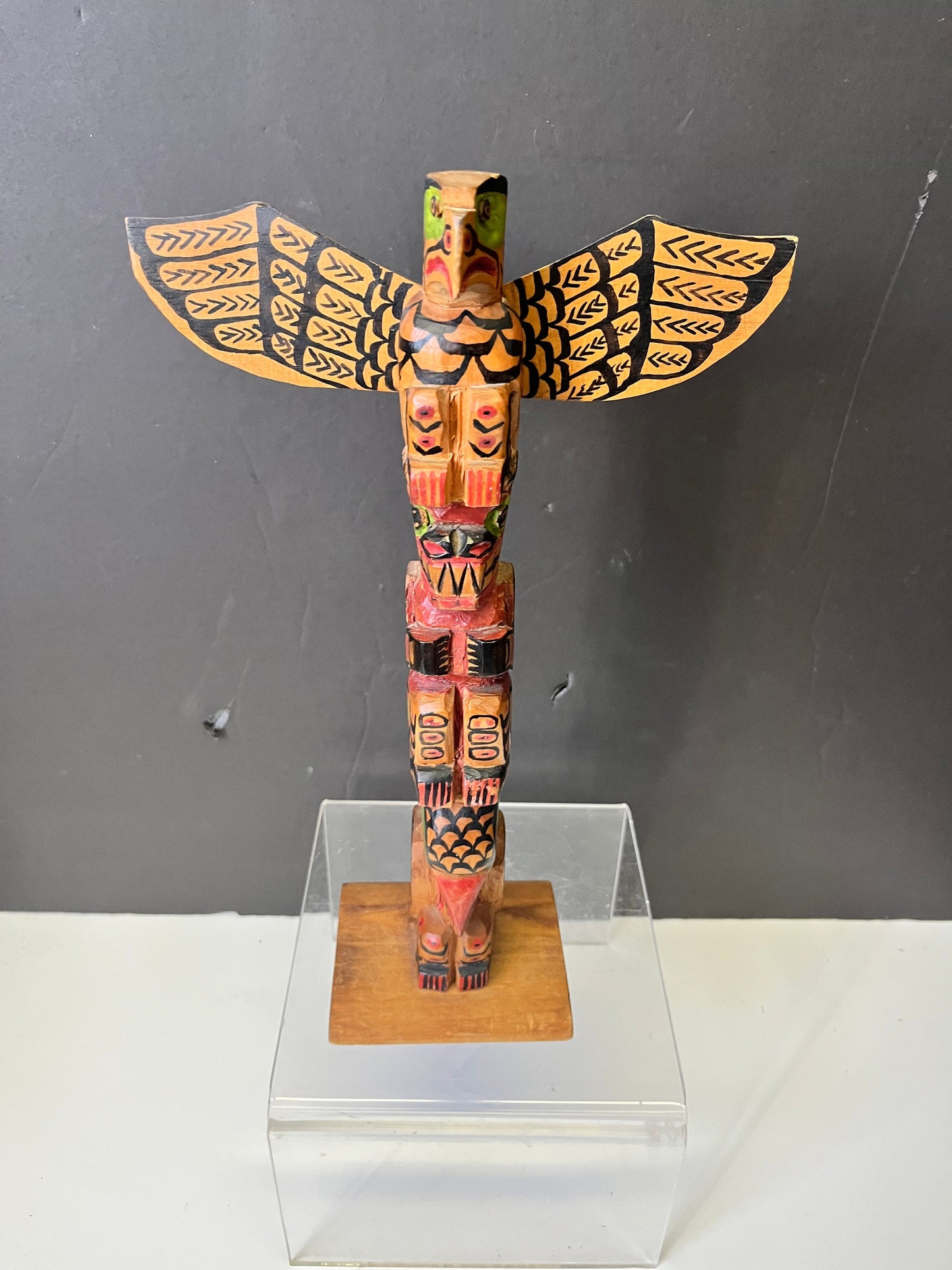 Unbelievable 12 x 8 indigenous Polychrome folk art totem pole with wings antique In great condition was amazing paint detail - wow wow