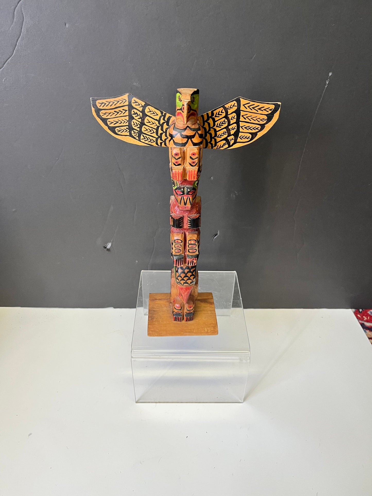 Unbelievable 12 x 8 indigenous Polychrome folk art totem pole with wings antique In great condition was amazing paint detail - wow wow