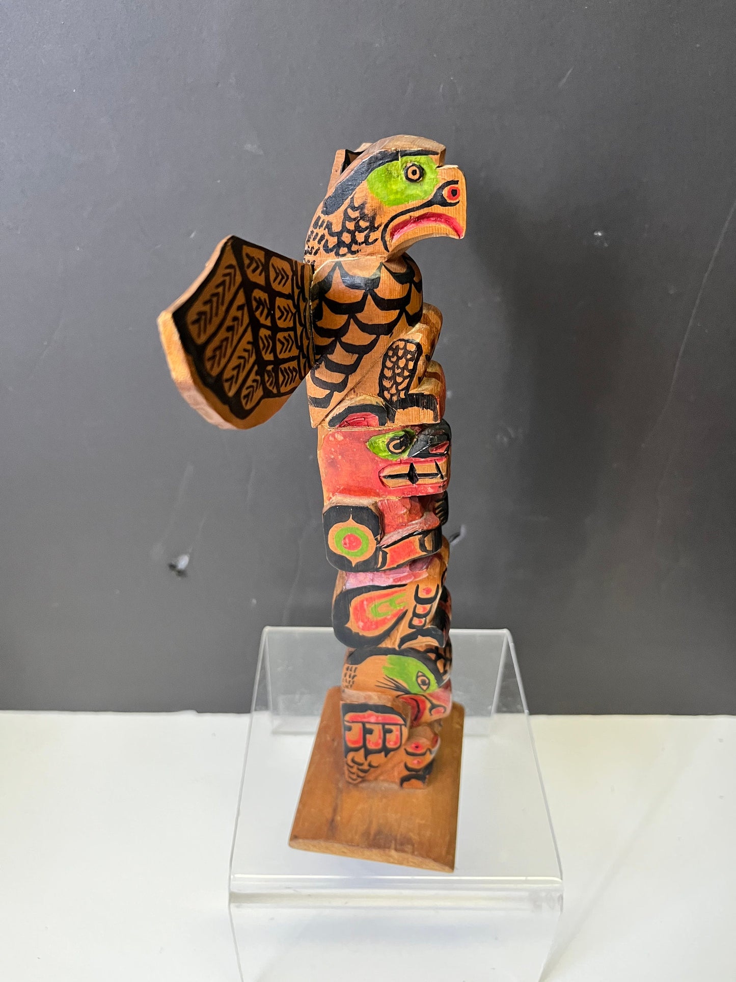 Unbelievable 12 x 8 indigenous Polychrome folk art totem pole with wings antique In great condition was amazing paint detail - wow wow