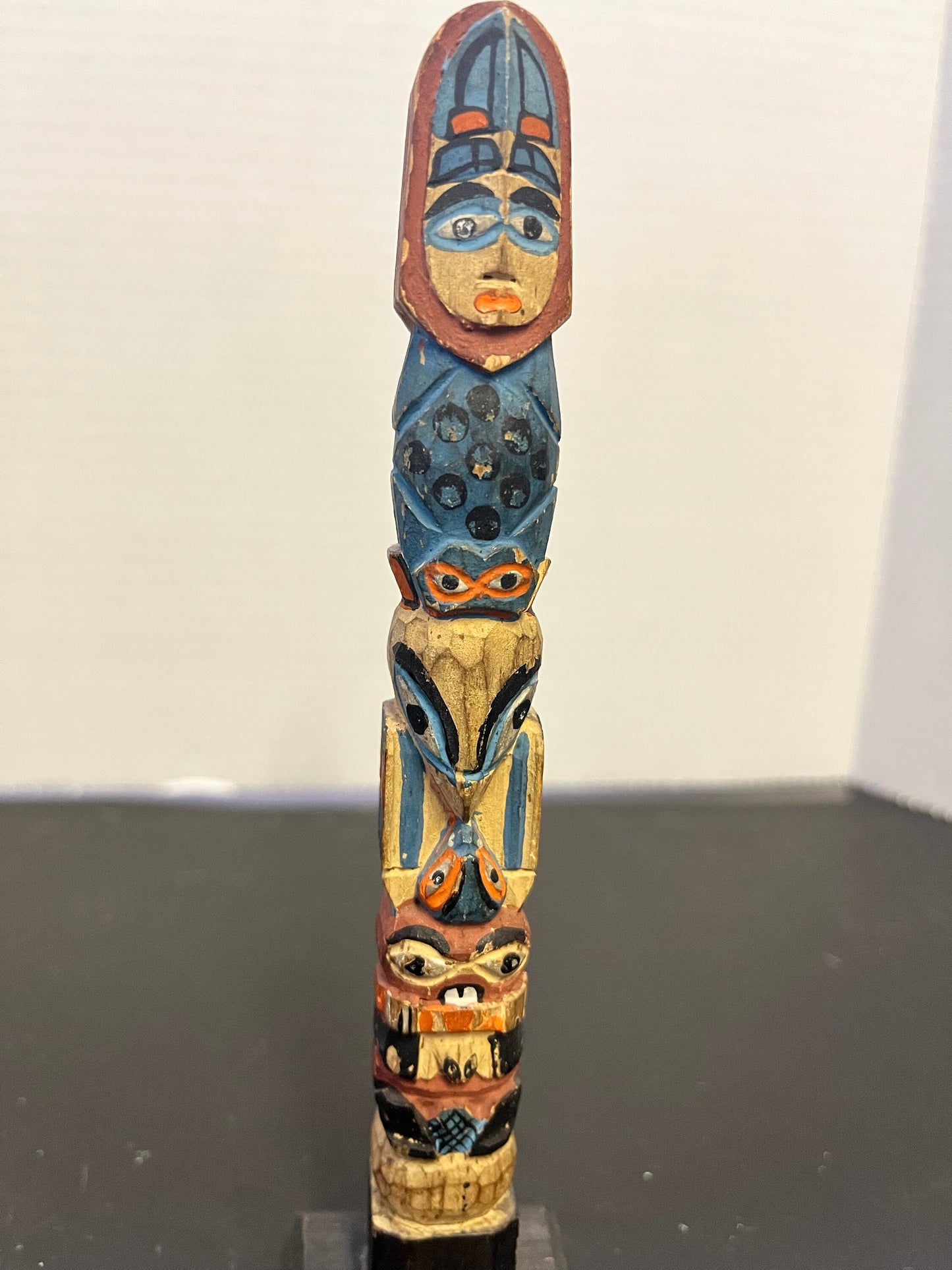 Fabulous 7 inch polychrome Canadian indigenous First Nations antique transformation totem  hand painted and wonderful  indigenous totem -