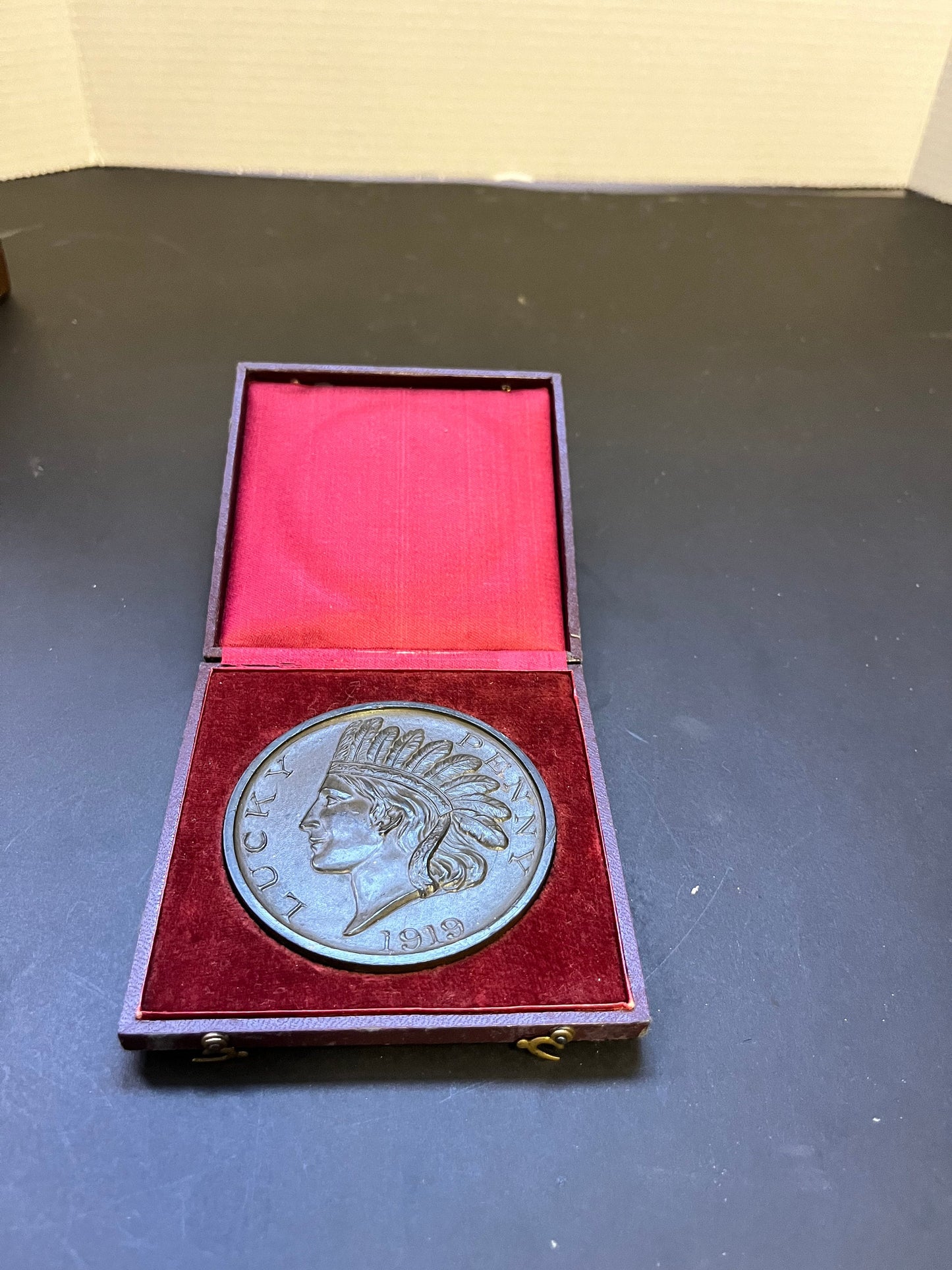 Fantastic antique 1919 bronze Lucky penny from Portland Oregon in original box Great Patina and amazing gift one if a kind wow