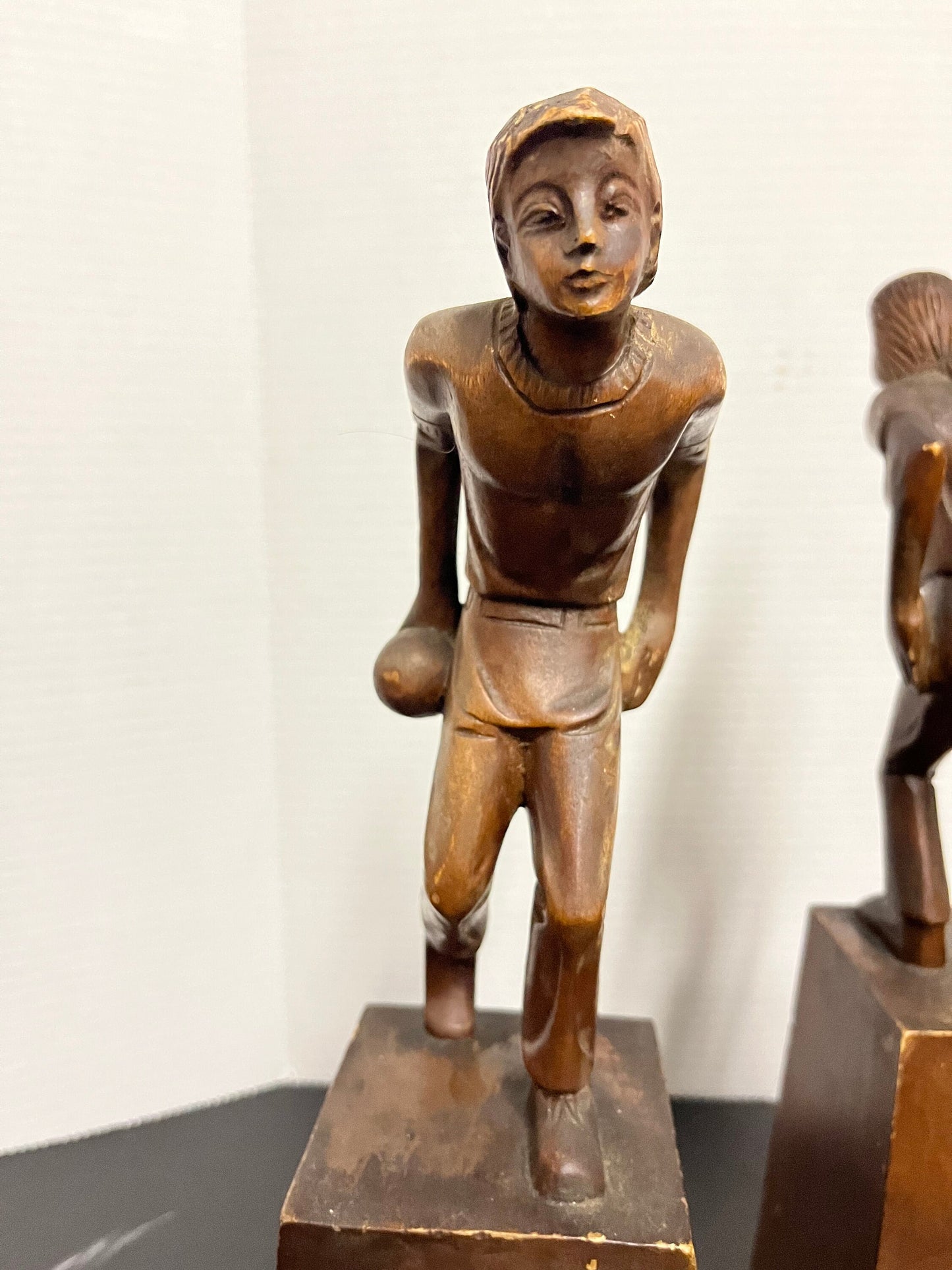 Absolutely magnificent museum quality one of a kind 13 x 4 high pair of 1920s or earlier oceanic wooden bowling statues