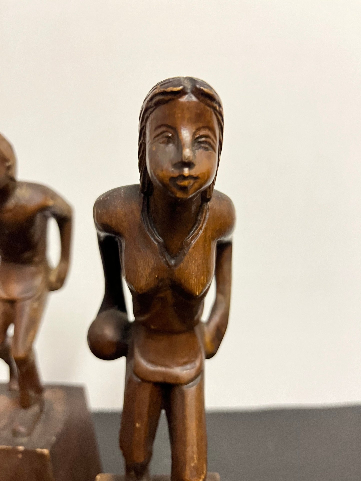 Absolutely magnificent museum quality one of a kind 13 x 4 high pair of 1920s or earlier oceanic wooden bowling statues