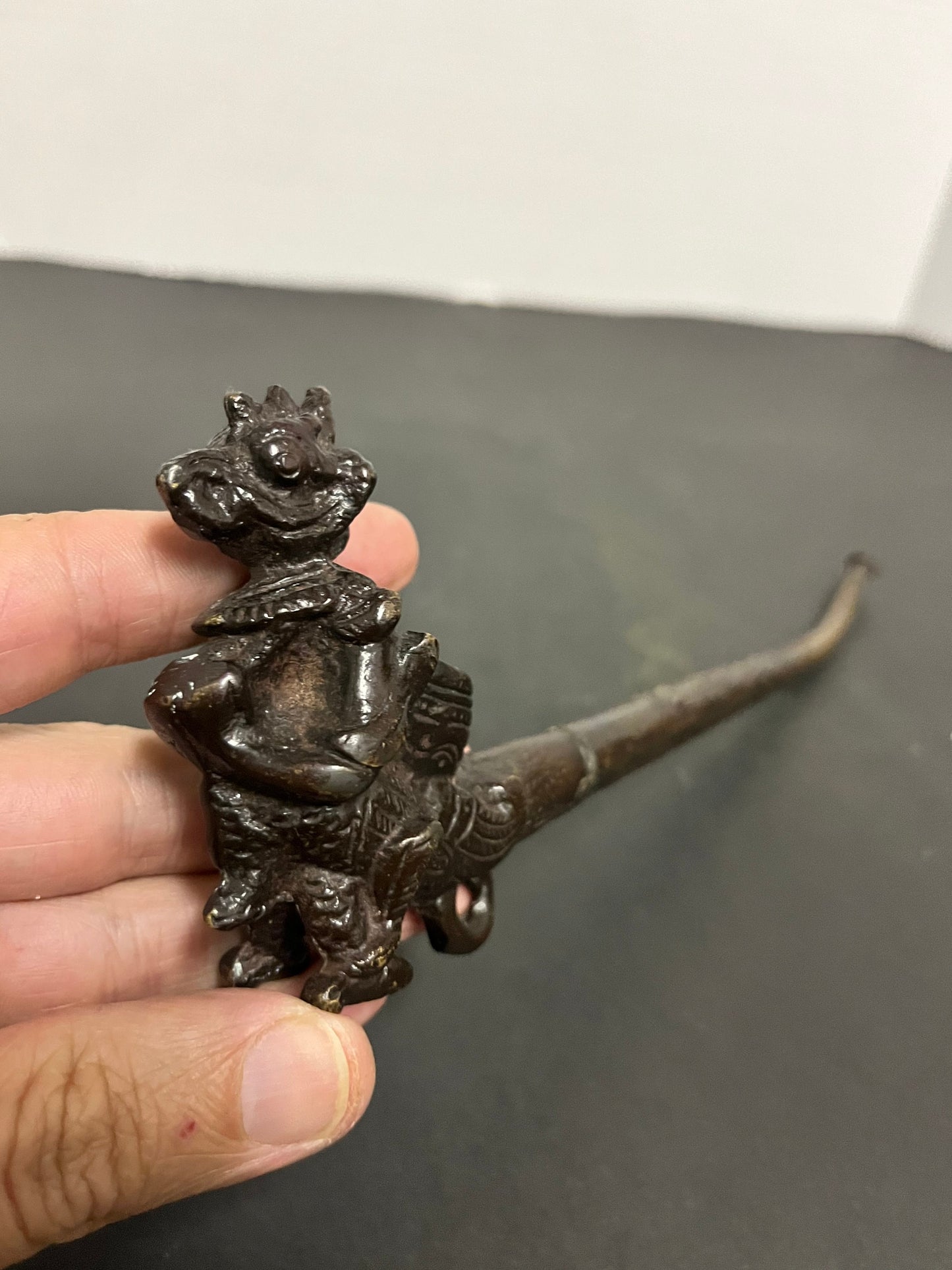 Absolutely fabulous 11 inch long Tibetan bronze pipe depicting a mythical creature with great detail and patina gift alert