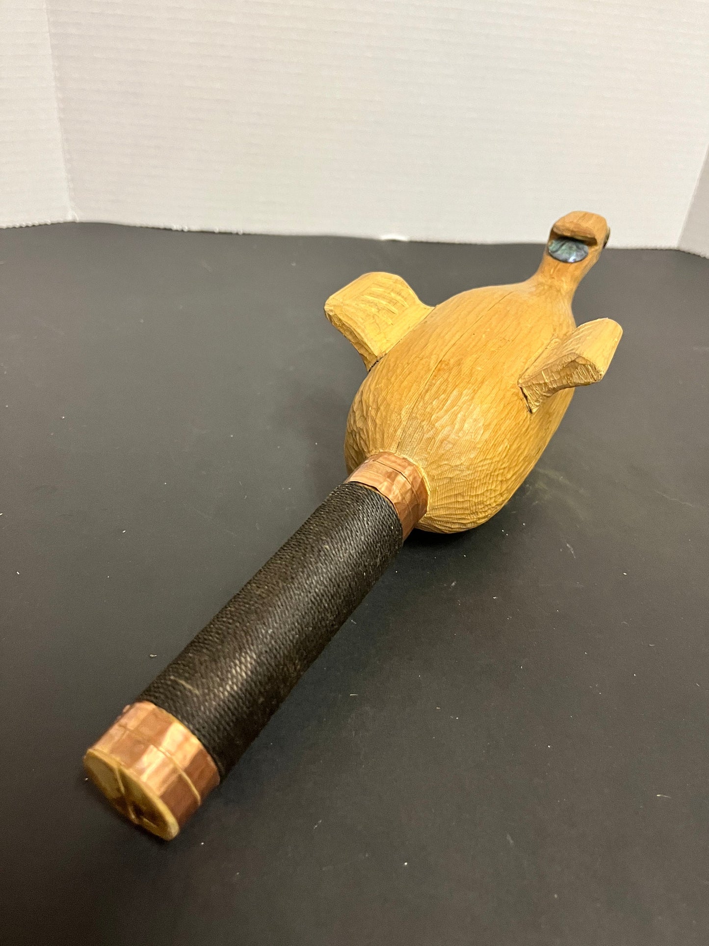 Absolutely fabulous 13 inch long indigenous first nations cedar rattle with abalone and copper