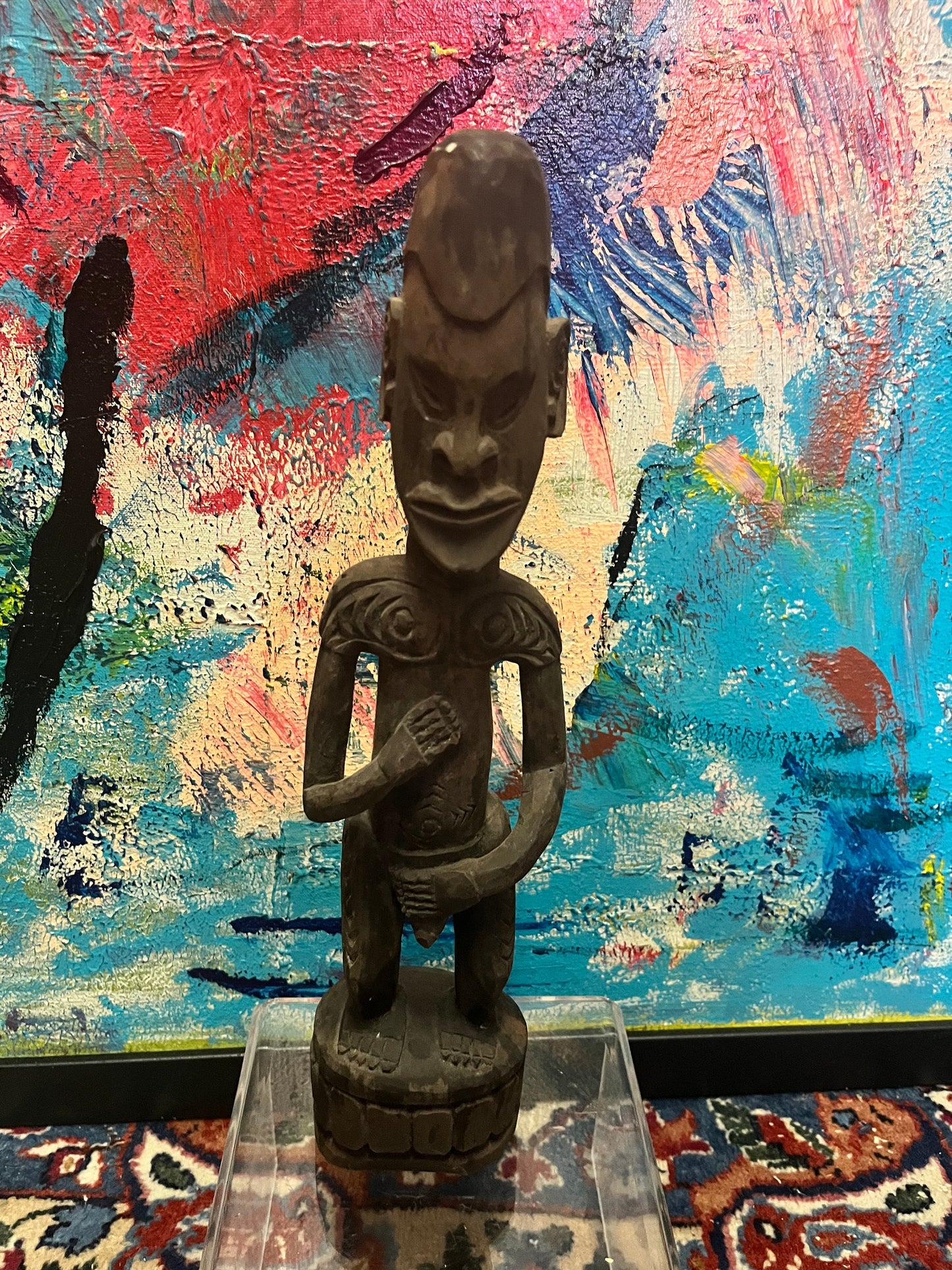 Absolutely fantastic 13 inch high antique African wooden statue of a man in a provocative position  Museum quality at a great price
