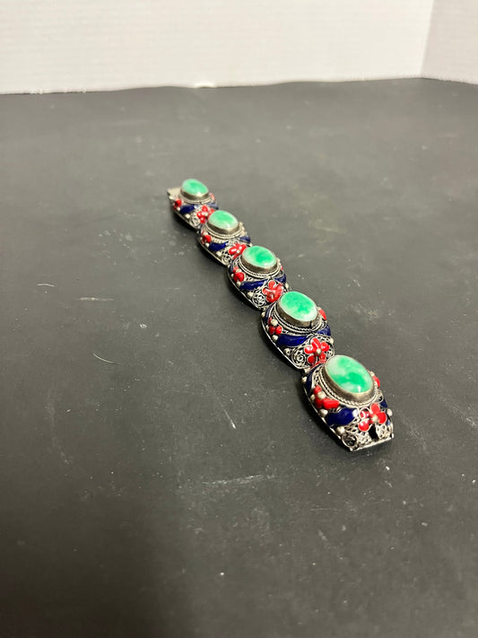 Absolutely magnificent 11 1/2 inch long and 3 inch wide when closed antique signed Chinese silver enamel and jade bracelet  the best - gift