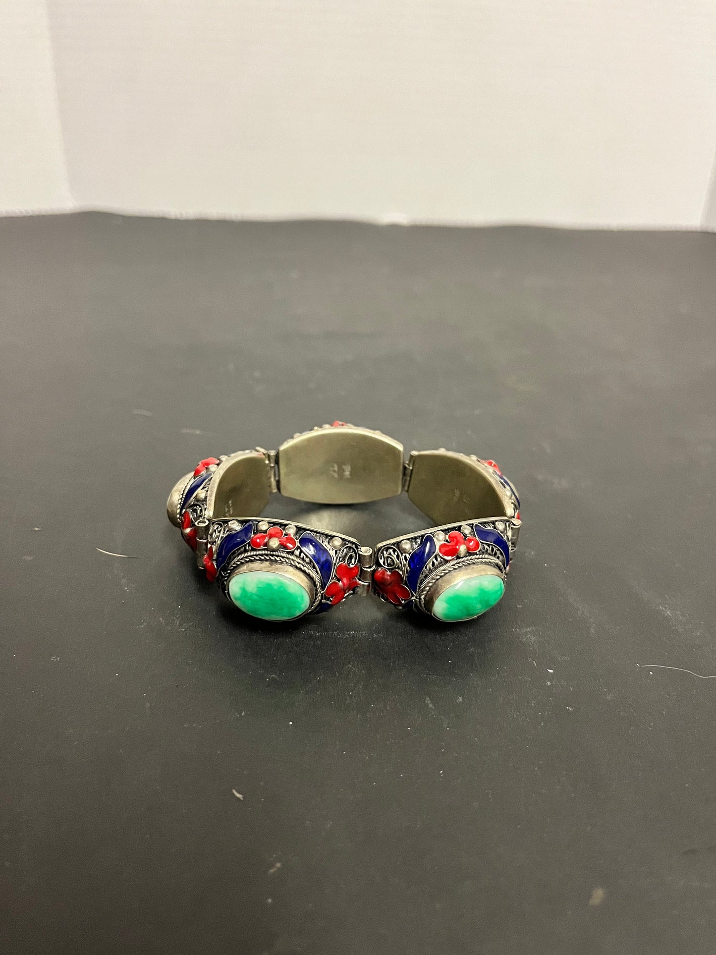 Absolutely magnificent 11 1/2 inch long and 3 inch wide when closed antique signed Chinese silver enamel and jade bracelet  the best - gift