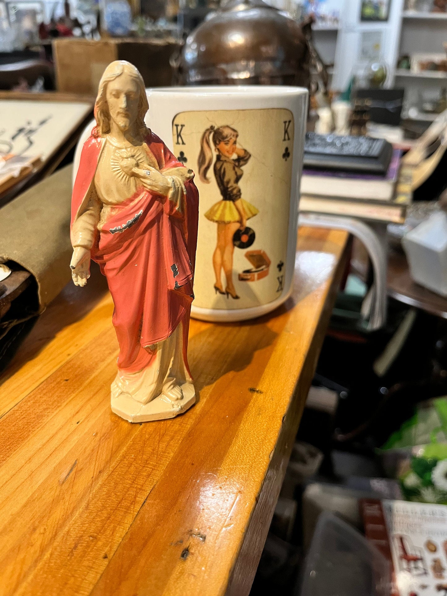 Stunning antique 5 inch co-painted spelter bronze statue of Jesus in pink robes Wonderful quality in good condition making perfect gift