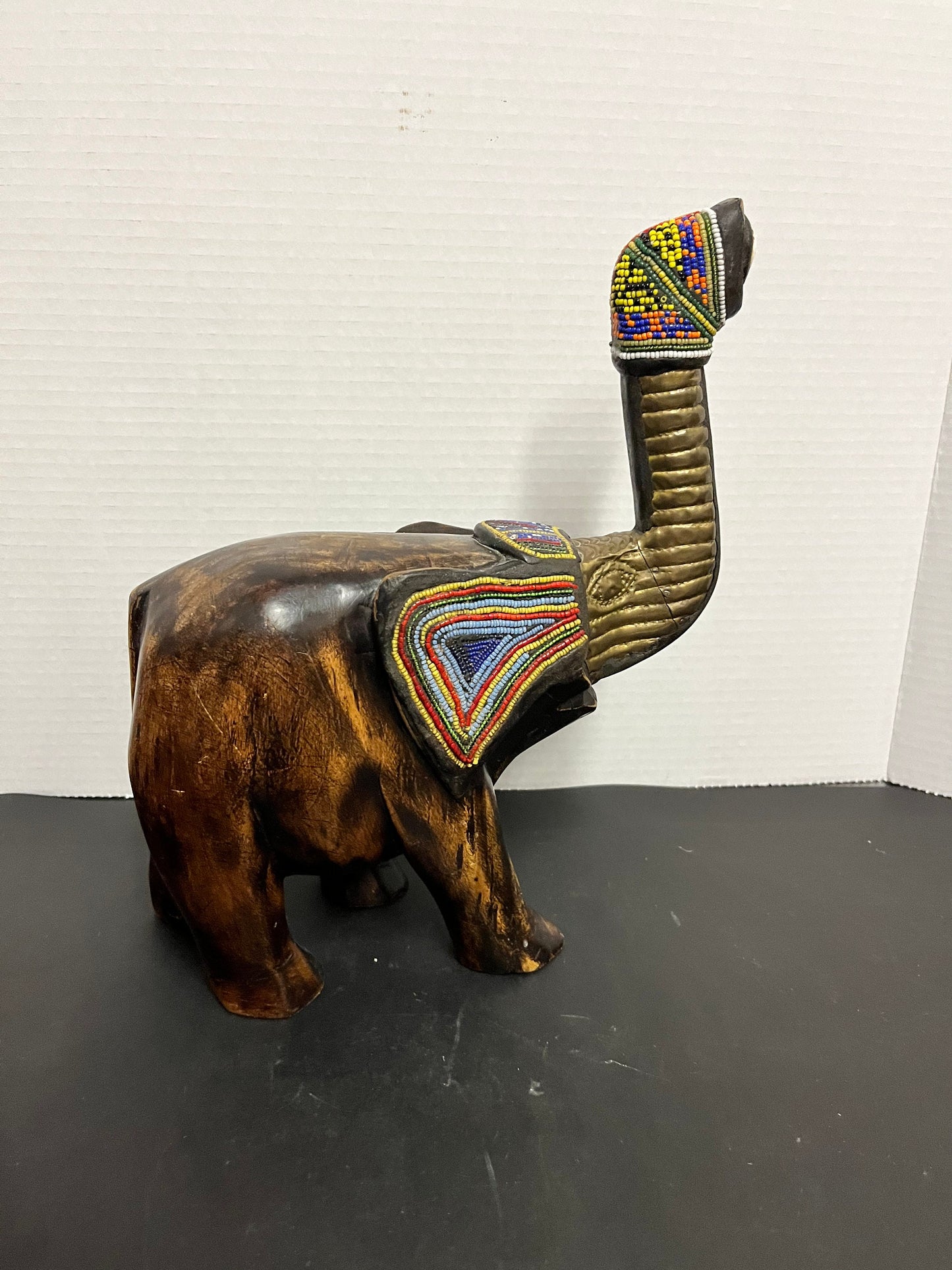 Amazing 11 x 11 hardwood bead brass and shell Kenyan elephant Wonderful carving and presence nice detail African art beauty