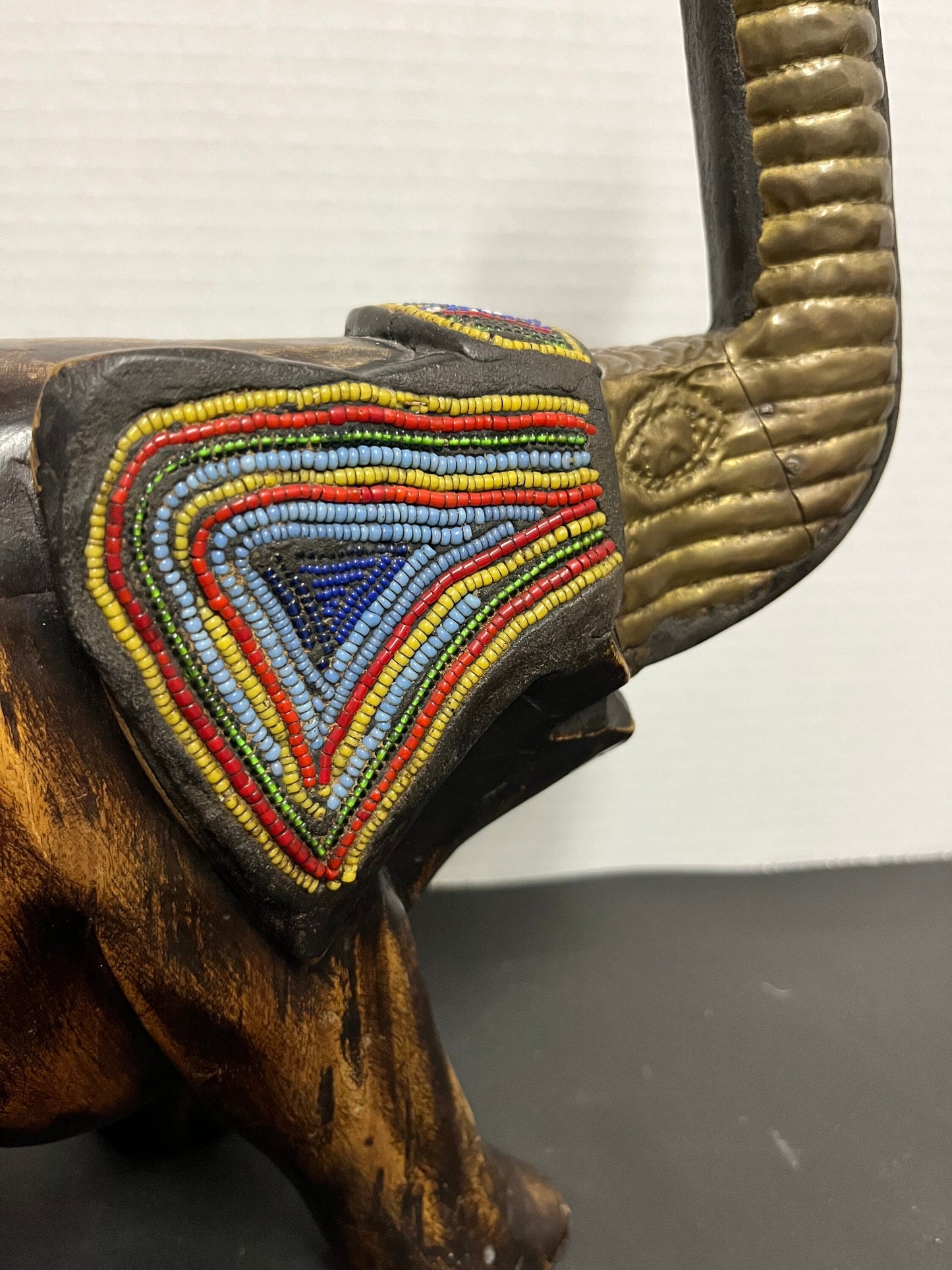 Amazing 11 x 11 hardwood bead brass and shell Kenyan elephant Wonderful carving and presence nice detail African art beauty