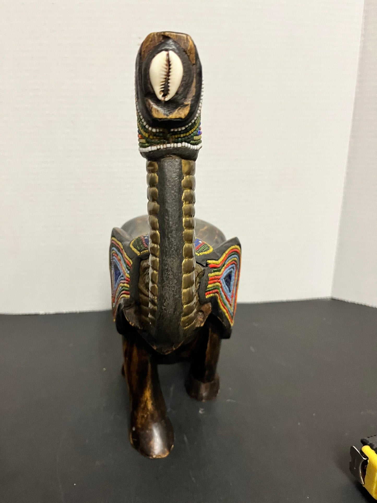 Amazing 11 x 11 hardwood bead brass and shell Kenyan elephant Wonderful carving and presence nice detail African art beauty