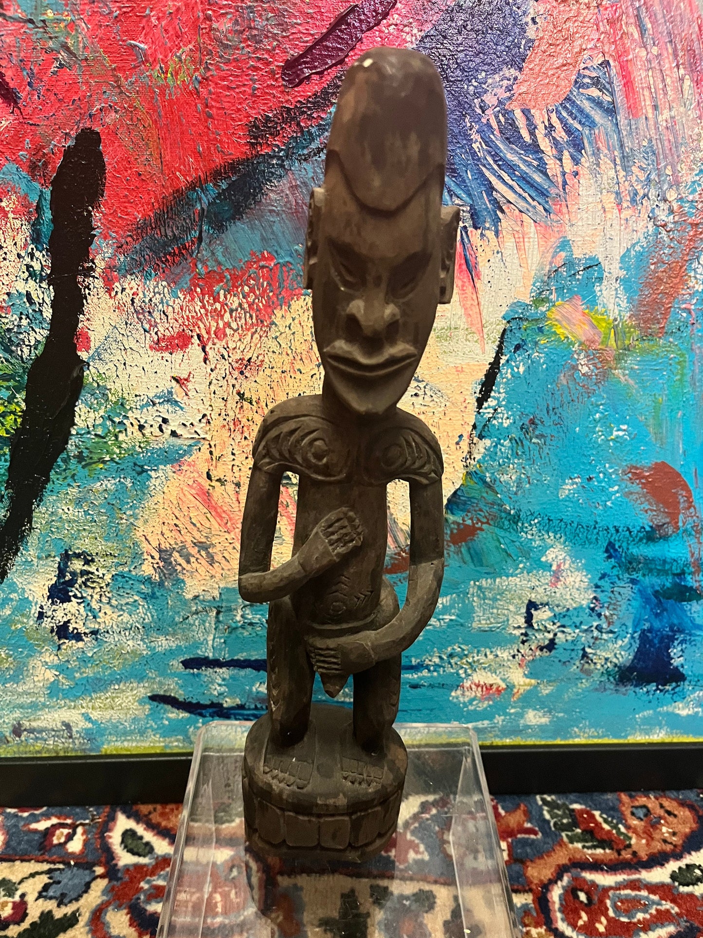 Absolutely fantastic 13 inch high antique African wooden statue of a man in a provocative position  Museum quality at a great price
