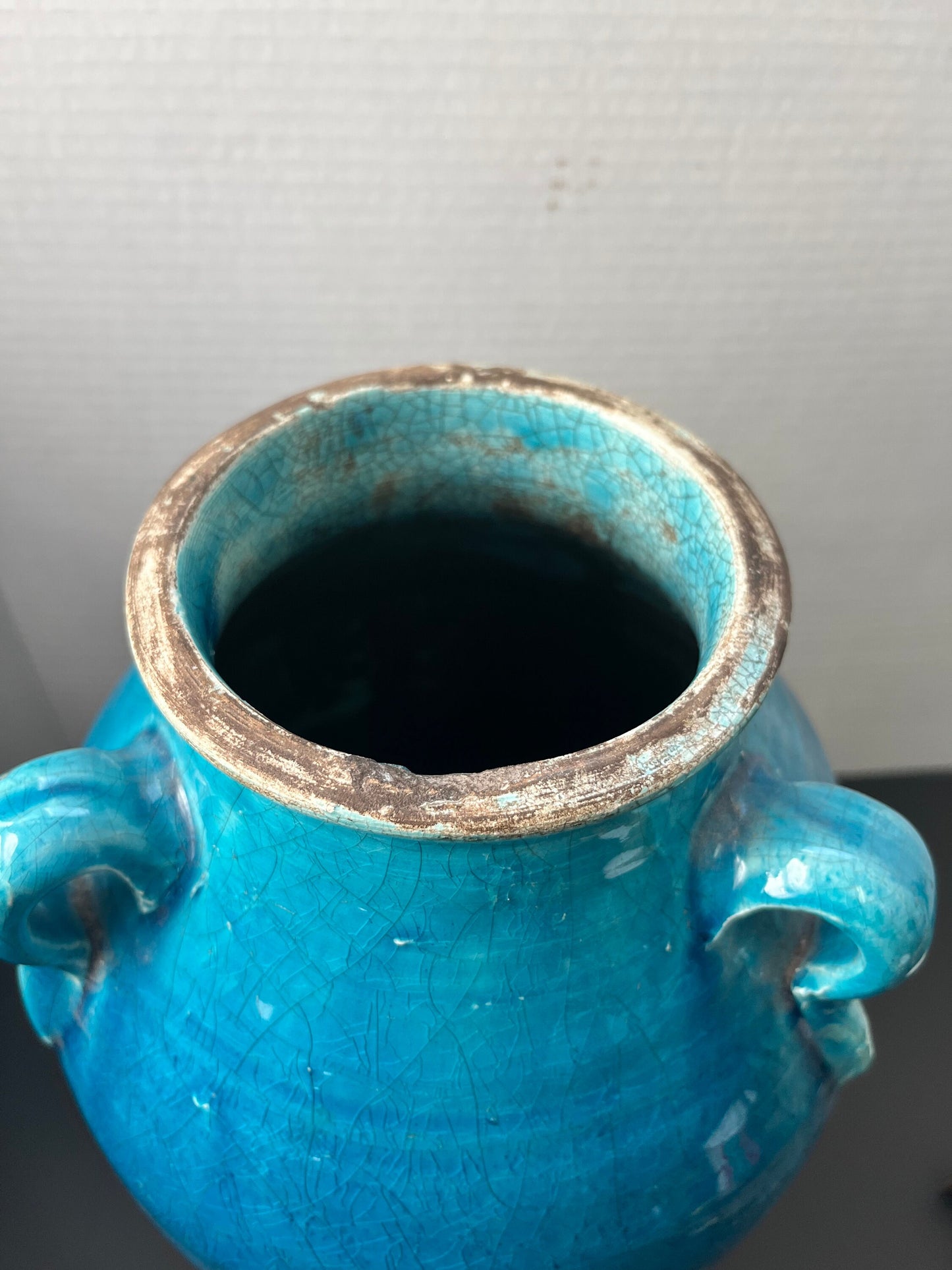 Magnificent rare museum quality 13 1/2 inch tall by 5 inch wide authentic ming dynasty glazed tri handled Vase Ming dynasty Chinese vase