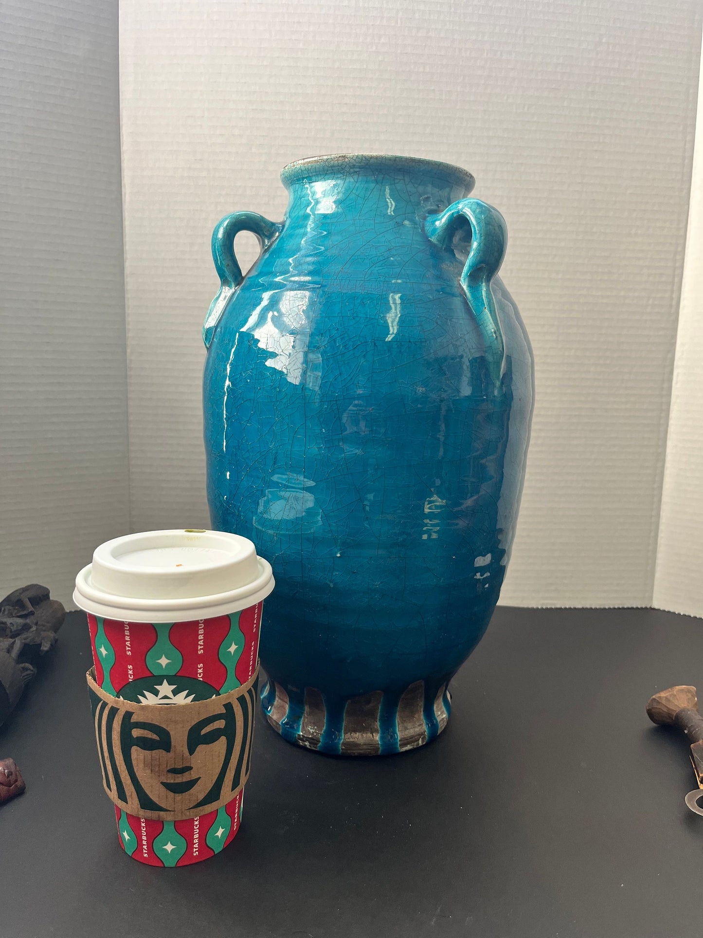 Magnificent rare museum quality 13 1/2 inch tall by 5 inch wide authentic ming dynasty glazed tri handled Vase Ming dynasty Chinese vase