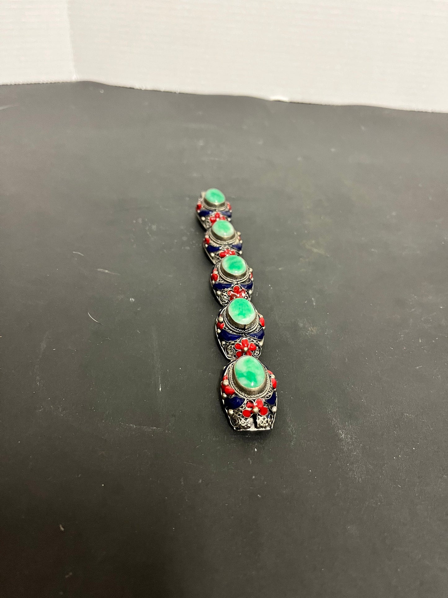Absolutely magnificent 11 1/2 inch long and 3 inch wide when closed antique signed Chinese silver enamel and jade bracelet  the best - gift
