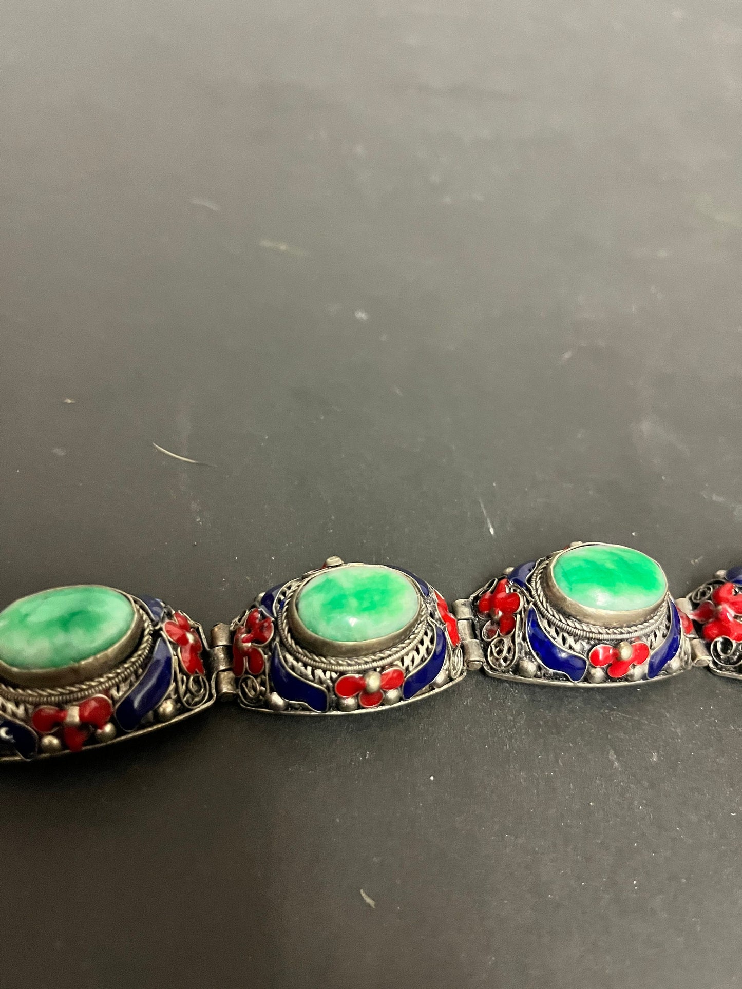 Absolutely magnificent 11 1/2 inch long and 3 inch wide when closed antique signed Chinese silver enamel and jade bracelet  the best - gift
