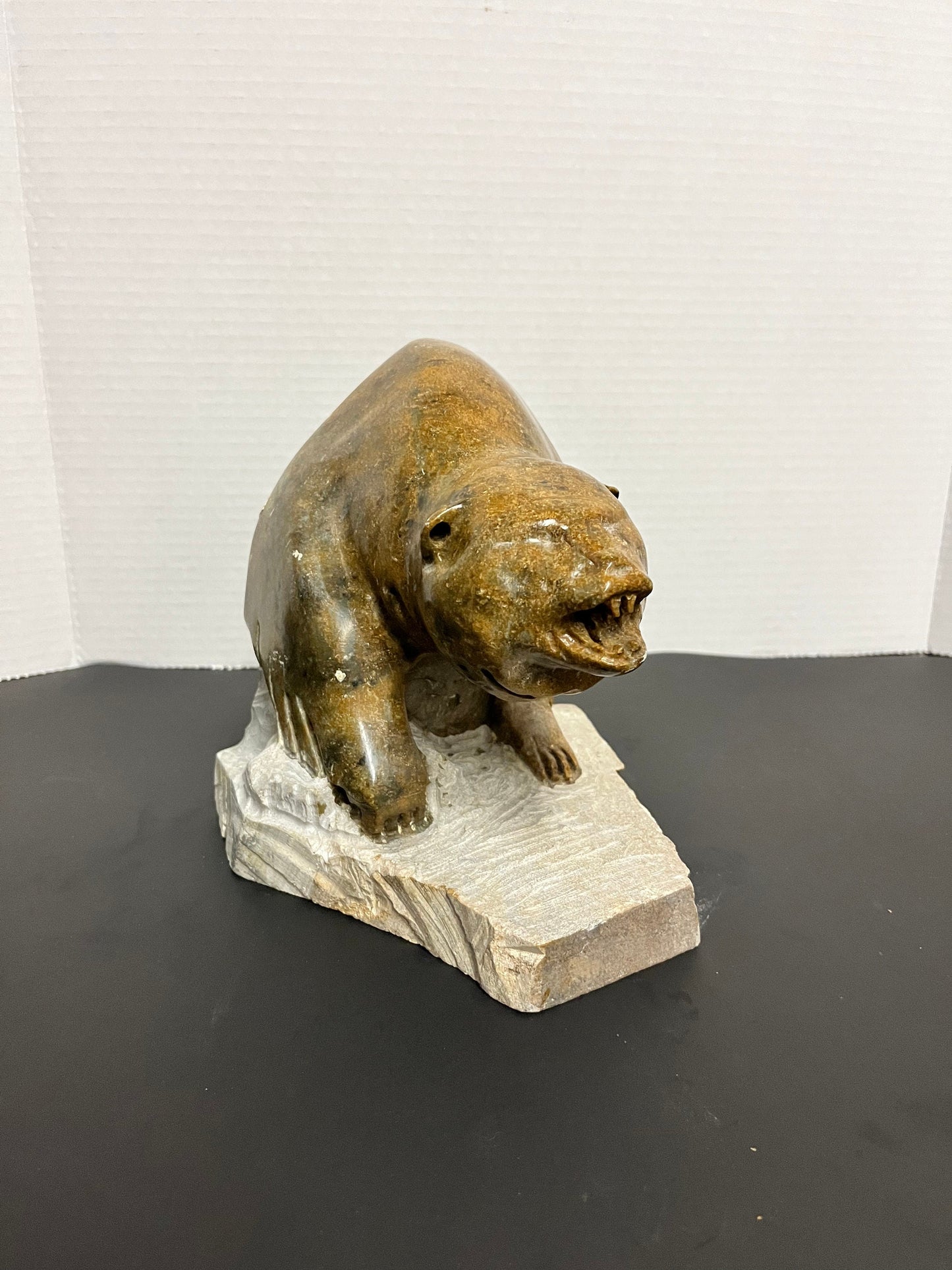 Huge Inuit soapstone bear Vintage stunning well carved Inuit soapstone attacking bear on Stone plynth remarkable detail and quality!