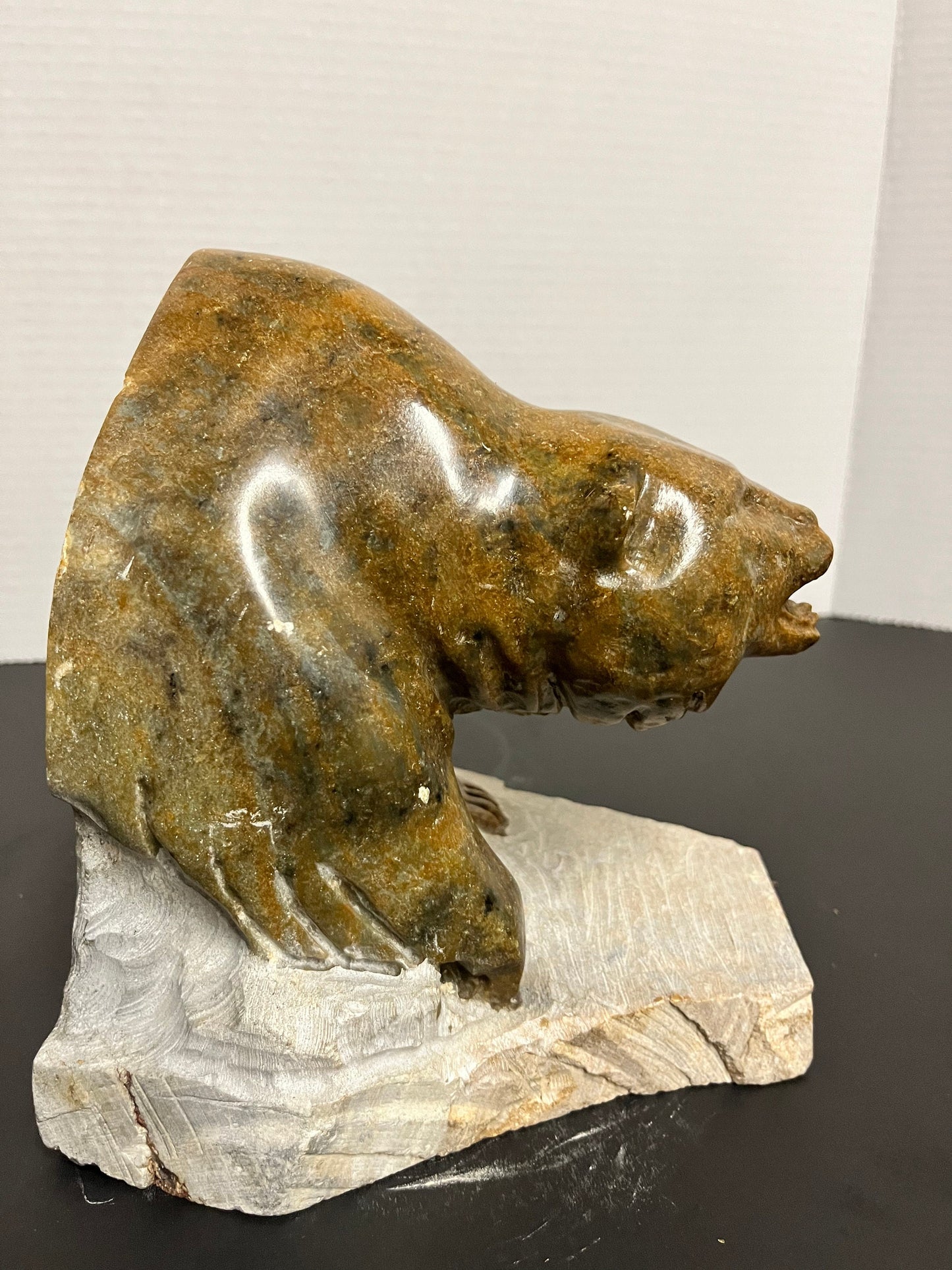 Huge Inuit soapstone bear Vintage stunning well carved Inuit soapstone attacking bear on Stone plynth remarkable detail and quality!
