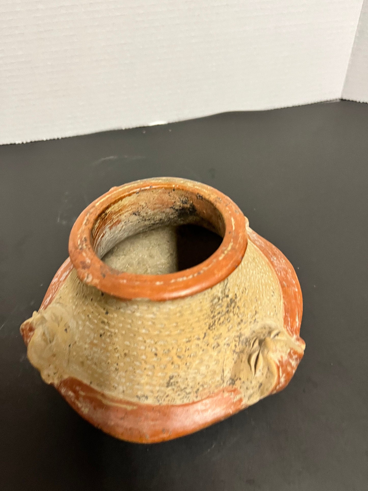 Antique Colombian spectacular authentic over 2000 year old pottery bowl with figural heads estate piece, authentic and great condition