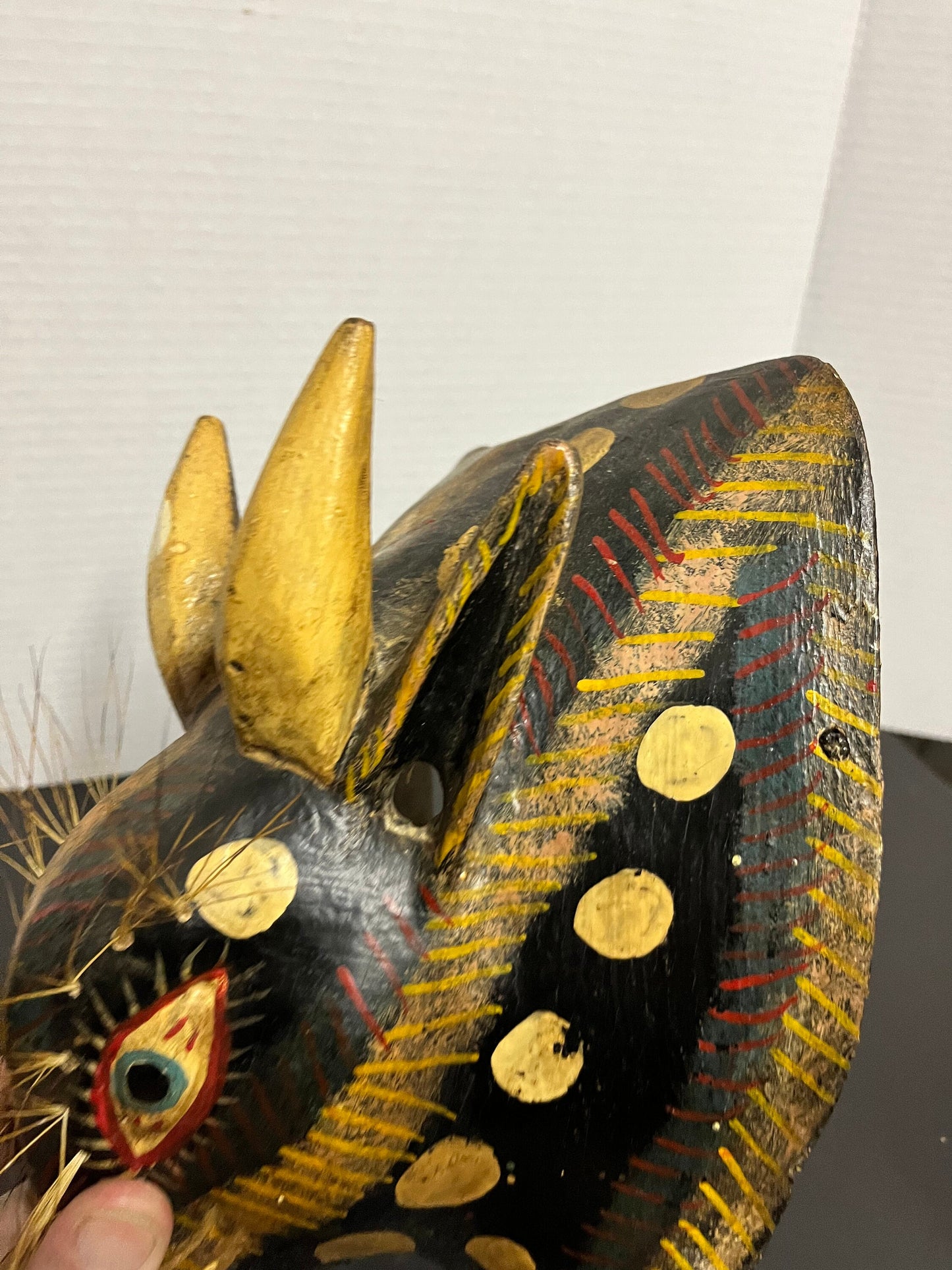 9 inch polychrome antique South American mask great paint and patina an overall amazing tribal look very unique features in detail