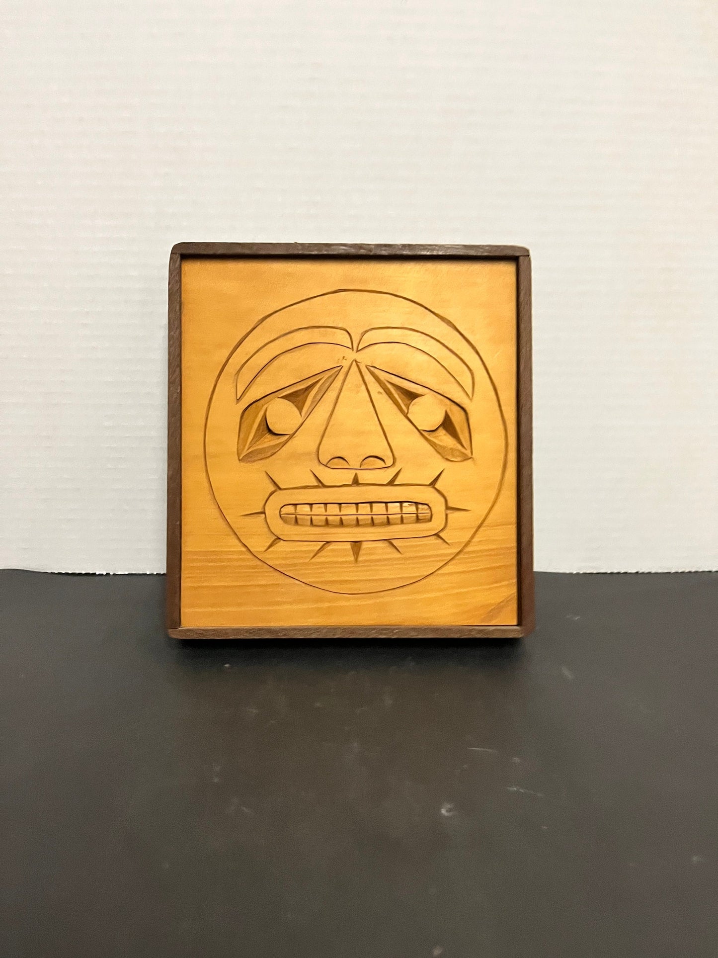 Fabulous 8 x 8 x 1 deep indigenous first nations pacific northwest coast unsigned see the sun mask plaque in frame sexy gift wow