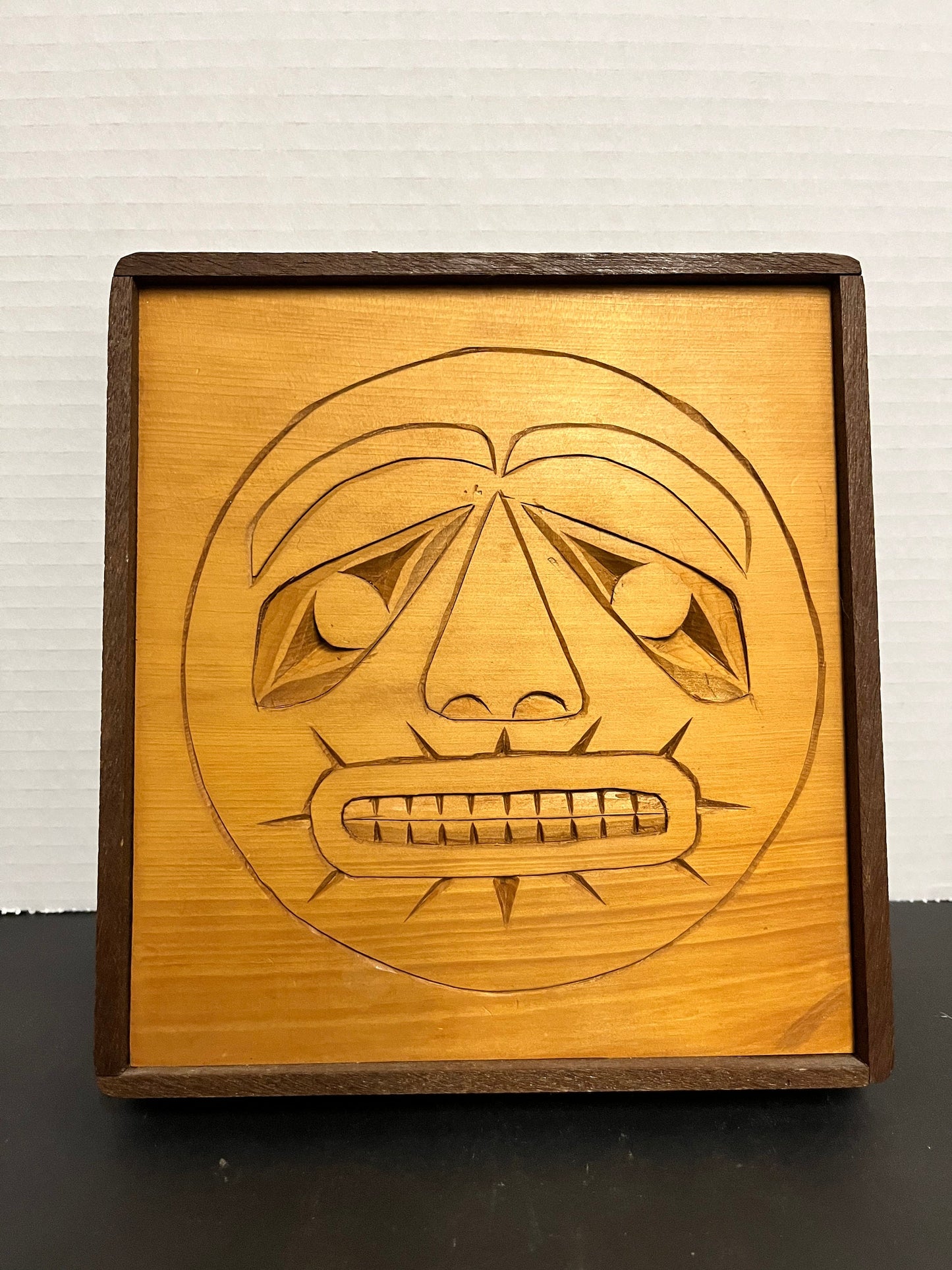 Fabulous 8 x 8 x 1 deep indigenous first nations pacific northwest coast unsigned see the sun mask plaque in frame sexy gift wow