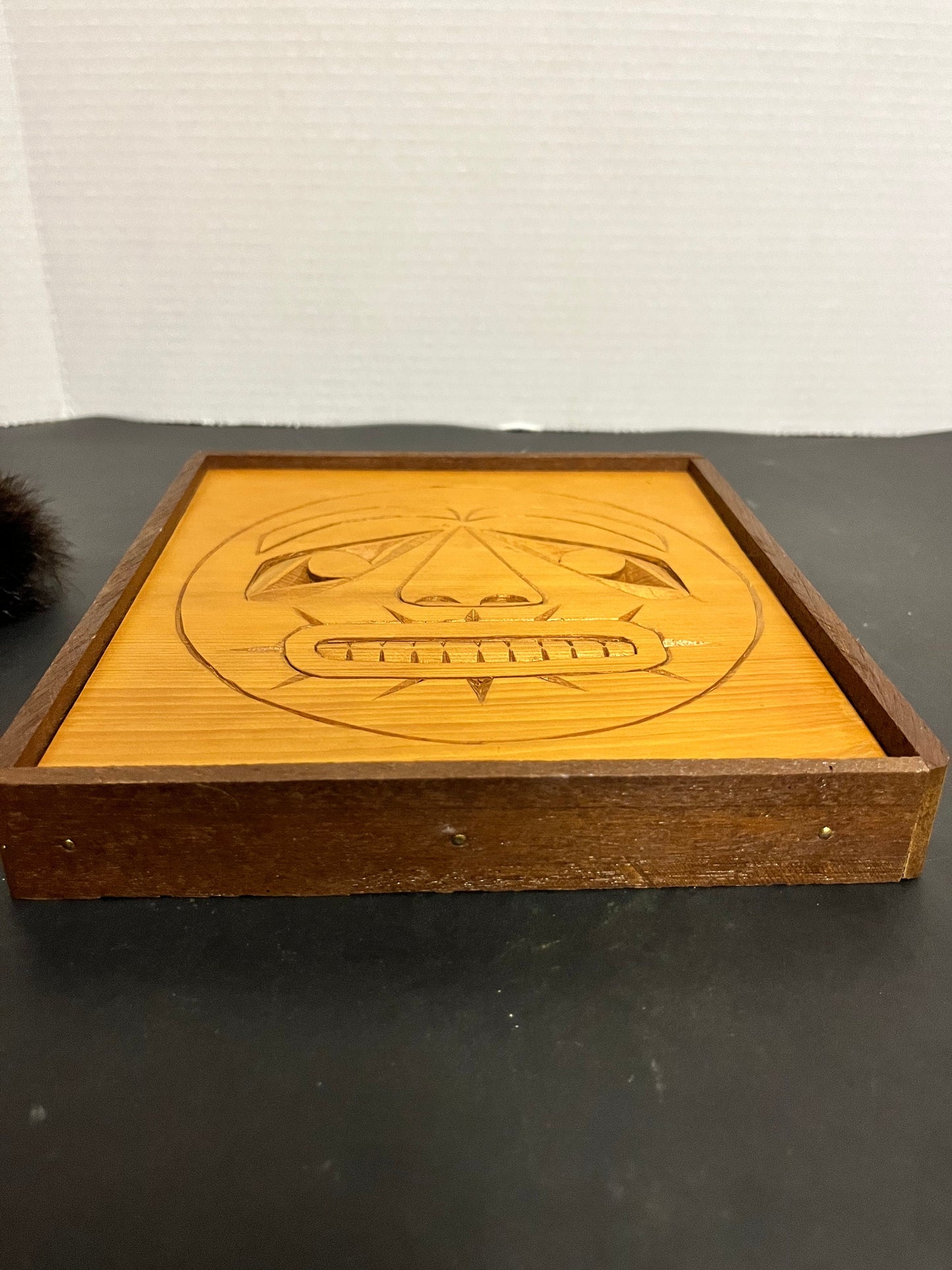 Fabulous 8 x 8 x 1 deep indigenous first nations pacific northwest coast unsigned see the sun mask plaque in frame sexy gift wow