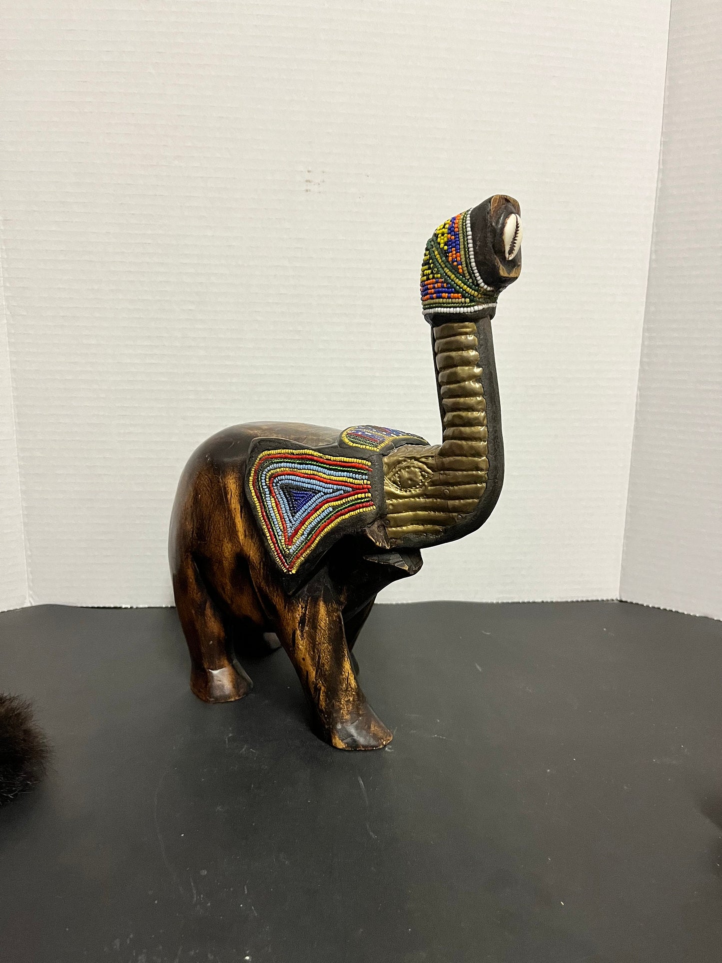 Amazing 11 x 11 hardwood bead brass and shell Kenyan elephant Wonderful carving and presence nice detail African art beauty