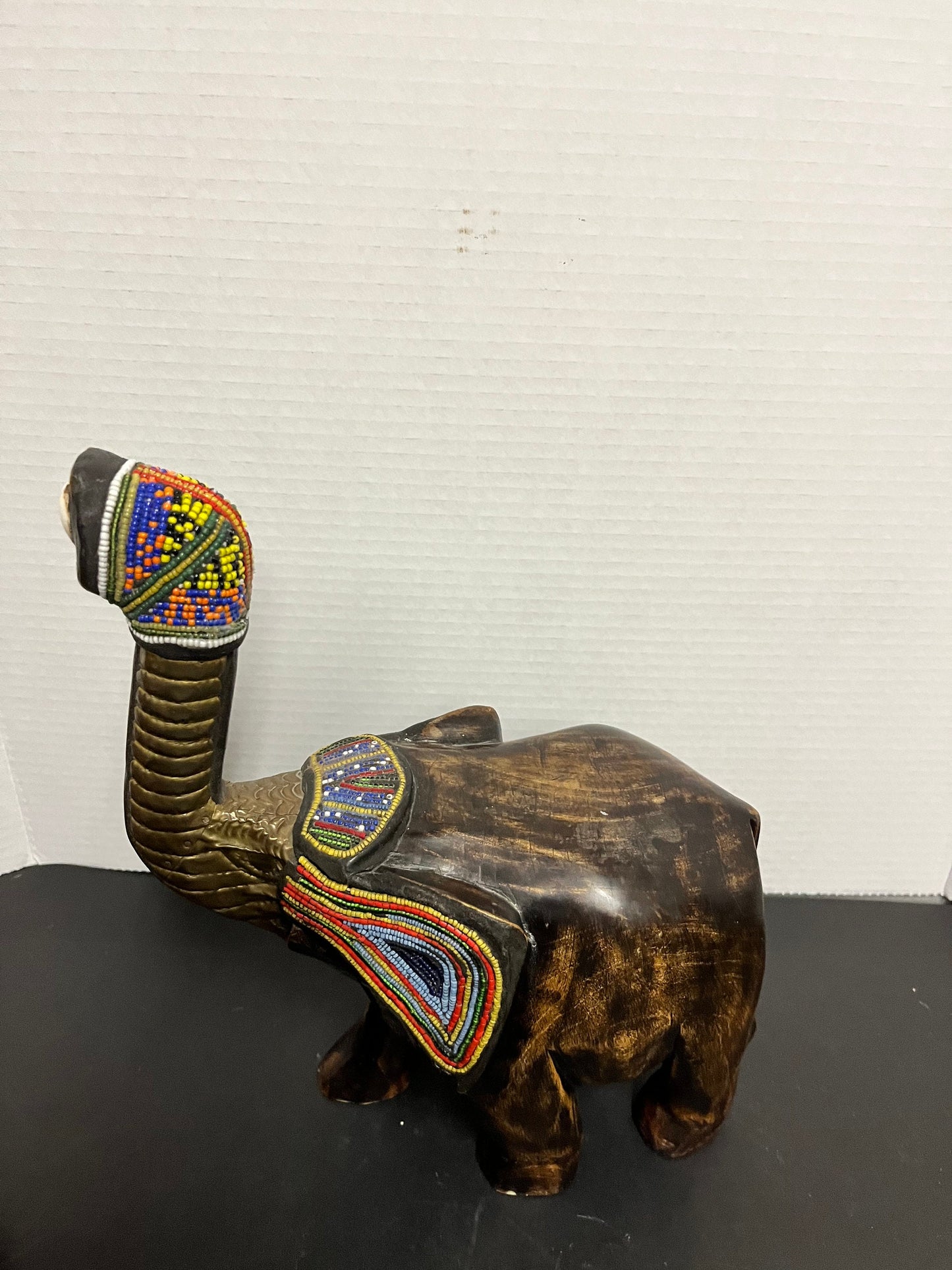 Amazing 11 x 11 hardwood bead brass and shell Kenyan elephant Wonderful carving and presence nice detail African art beauty