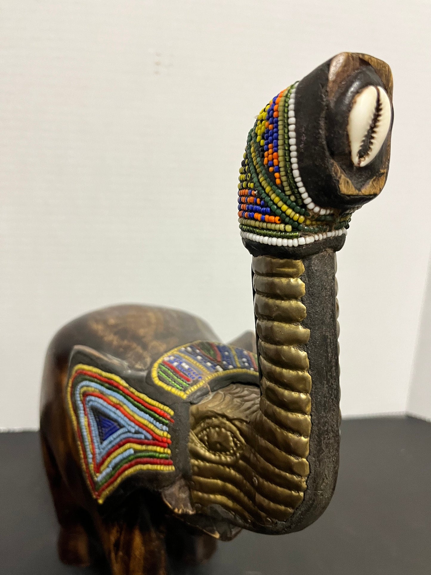 Amazing 11 x 11 hardwood bead brass and shell Kenyan elephant Wonderful carving and presence nice detail African art beauty