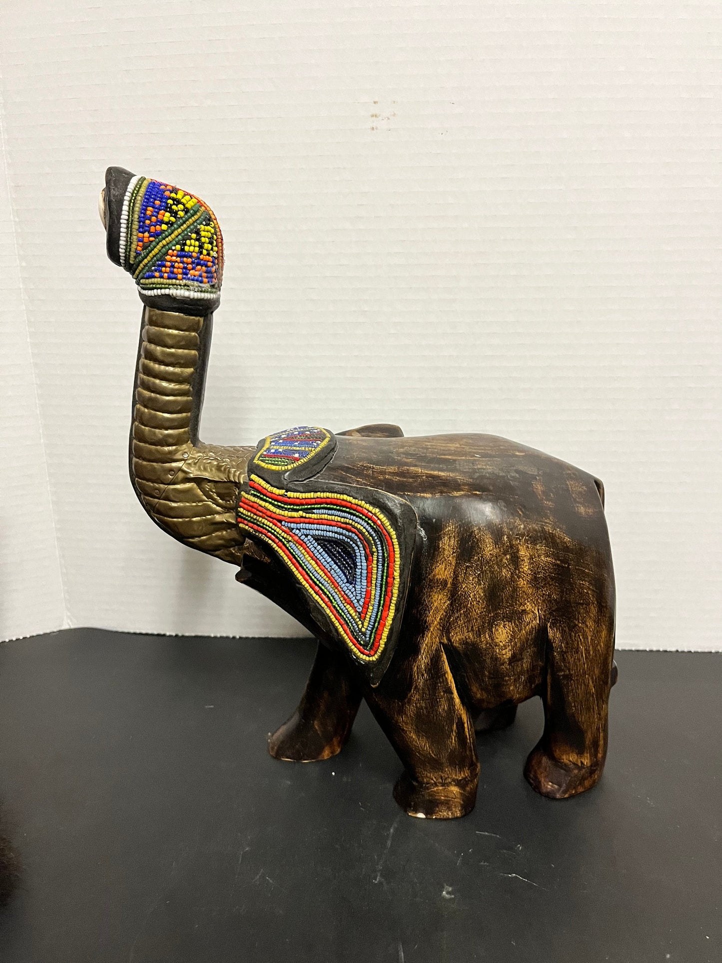 Amazing 11 x 11 hardwood bead brass and shell Kenyan elephant Wonderful carving and presence nice detail African art beauty