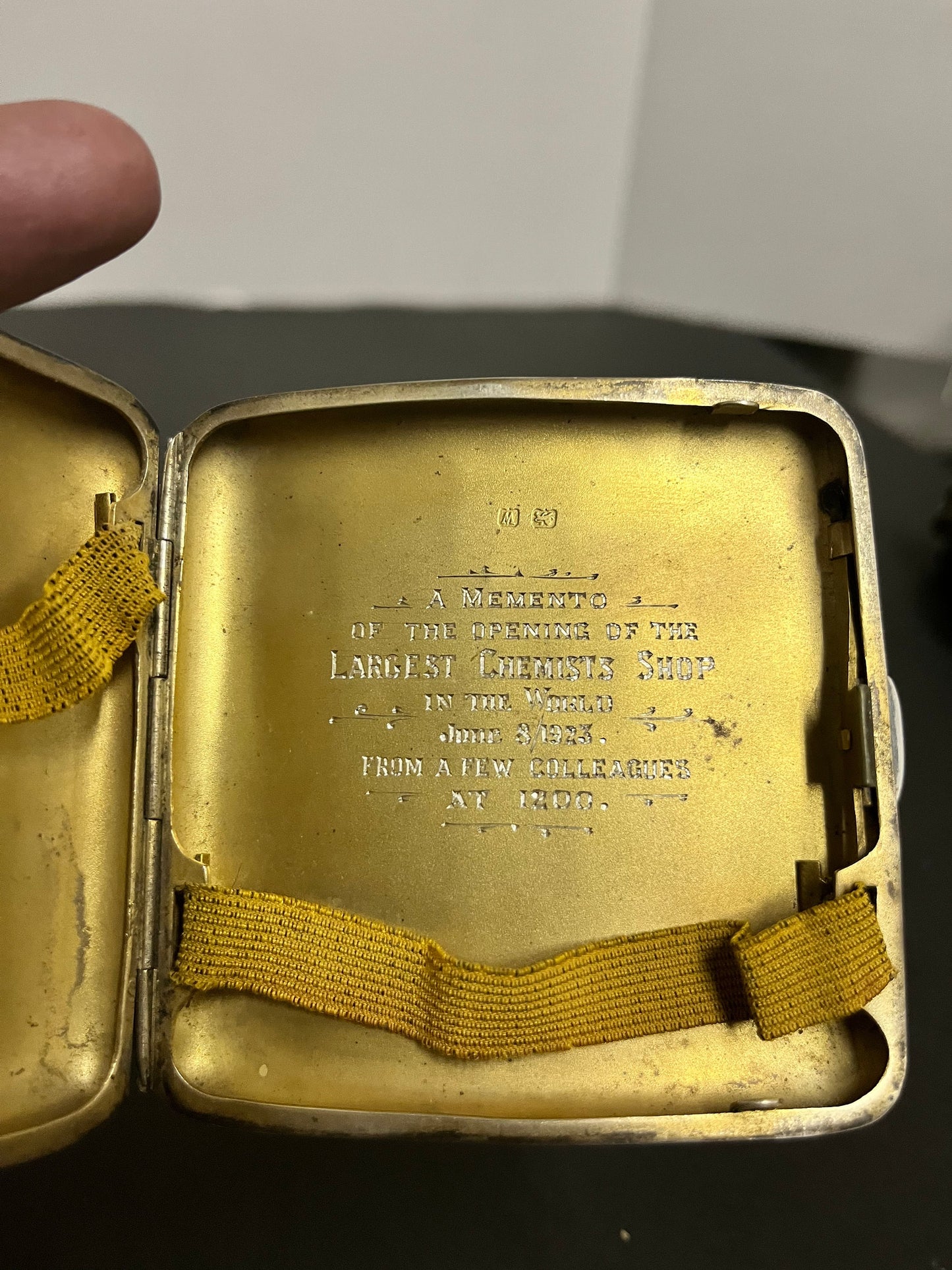Absolutely fabulous museum quality rare heavy solid hallmarked English sterling cigarette case celebrating 1923 chemist shop Medical -
