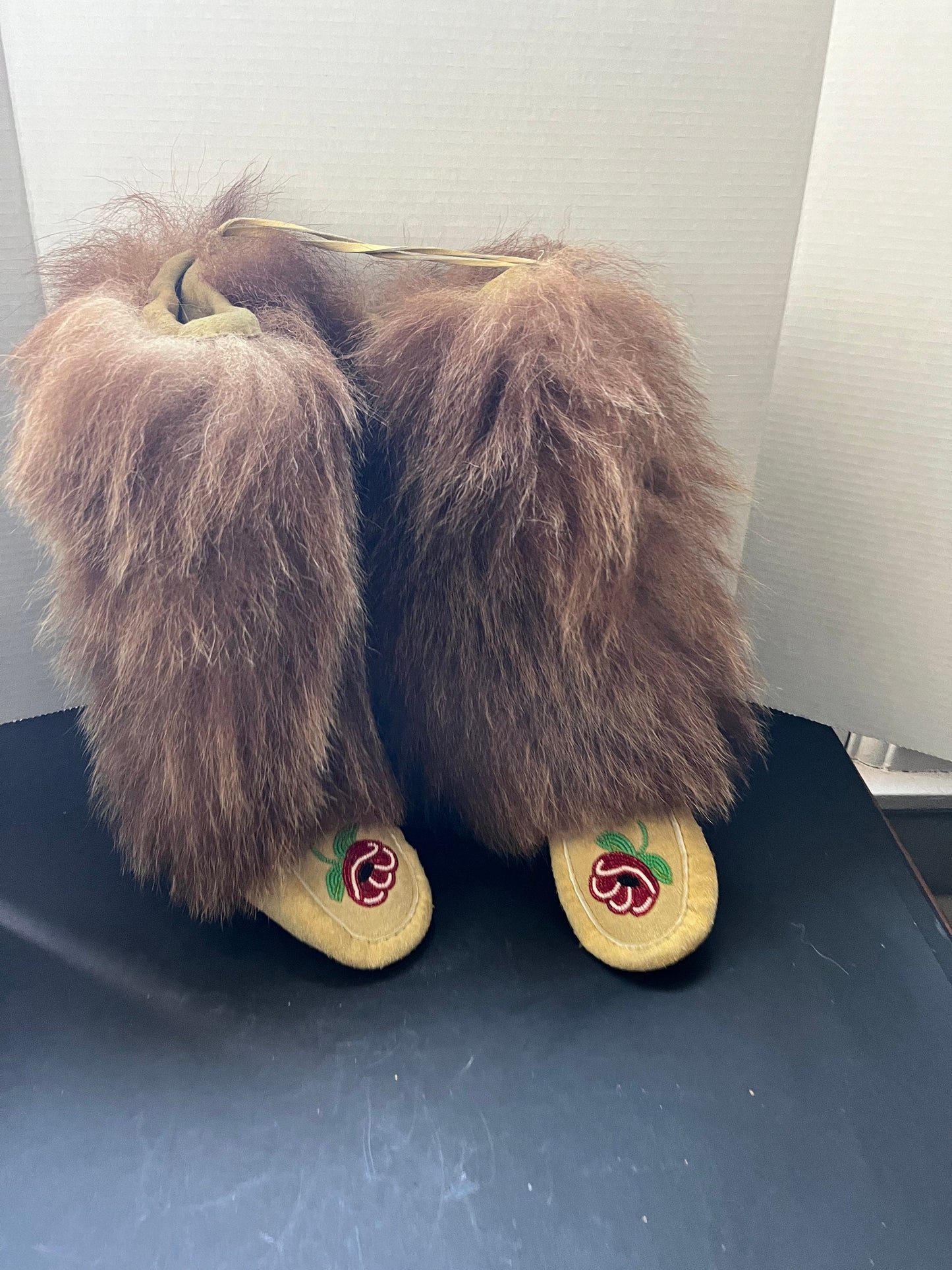 13 inches tall and 9 inch foot approximately size 9 womens fabulous antique indigenous West Coast first nations handmade moccasins