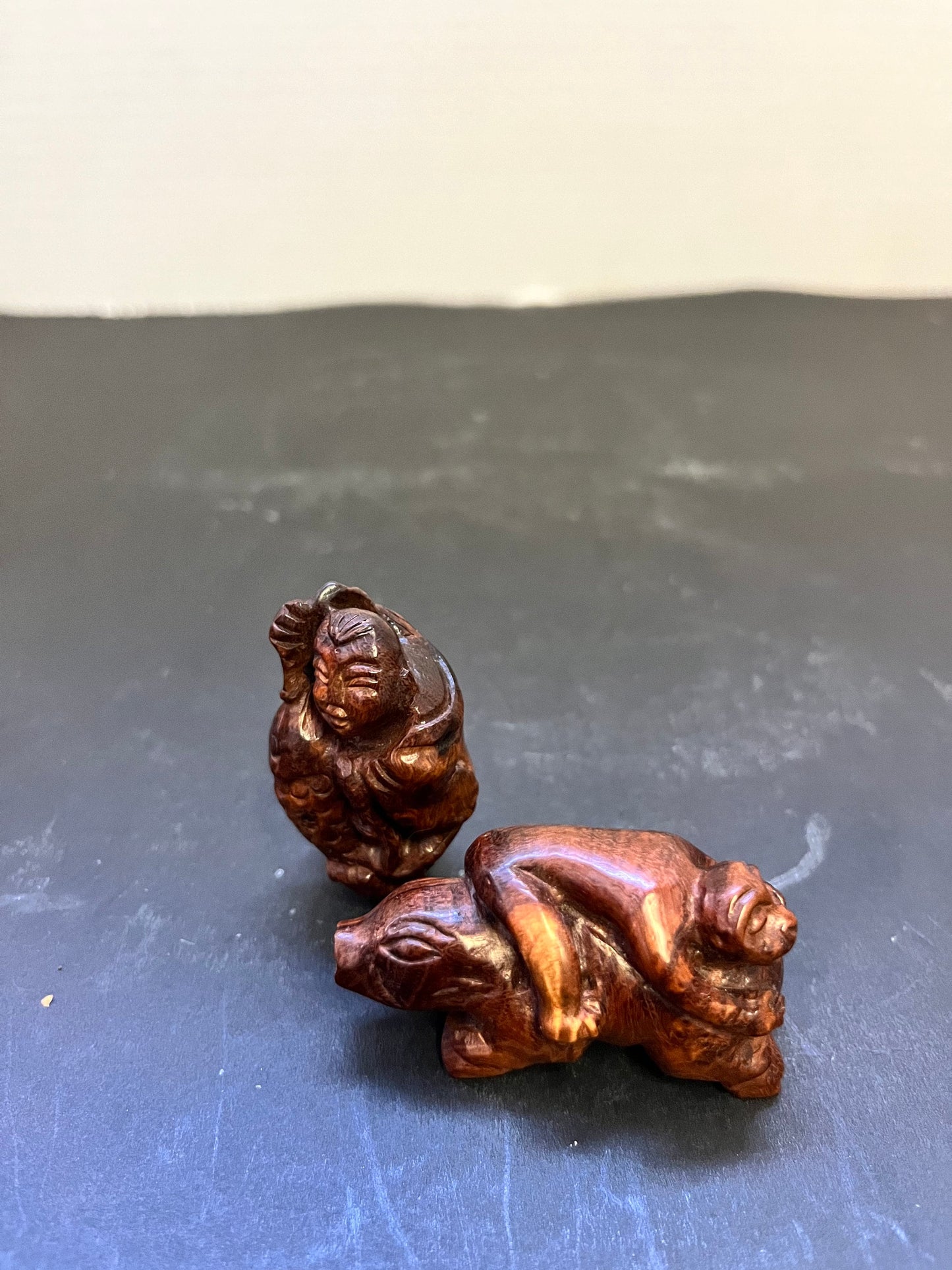 Two authentic antique Japanese wooden Figural Netsukes  wooden