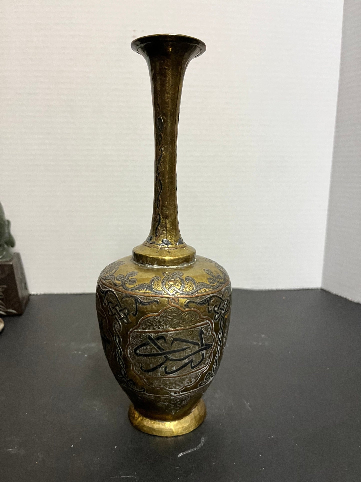 Fantastic 10 inch tall, antique, silver brass, and copper Persian vase with great detail and wonderful patina  perfect gift