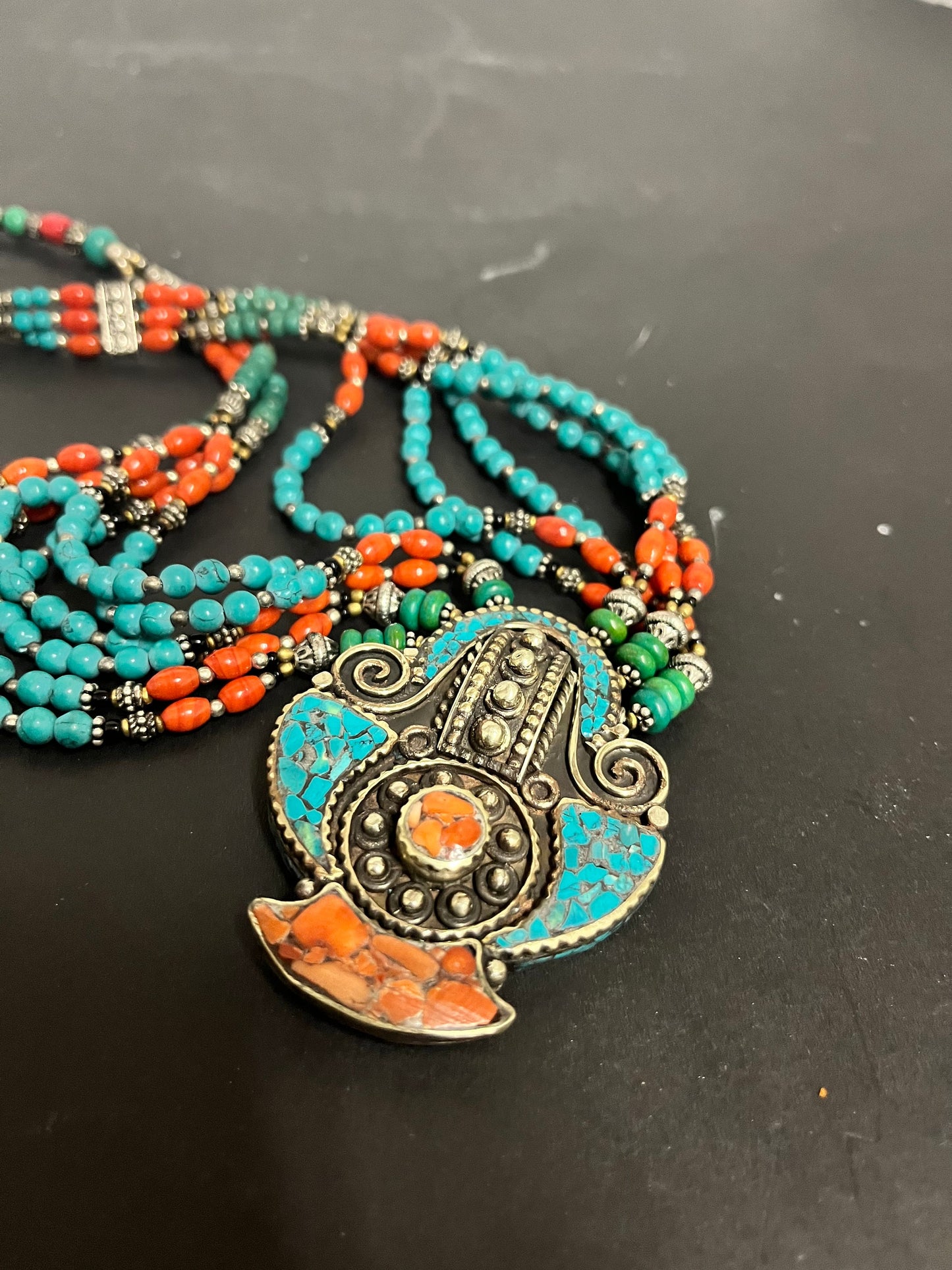 Stunning, antique, Tibetan silver and turquoise and Coral necklace in great condition, and very heavy and wonderful look authentic - gift