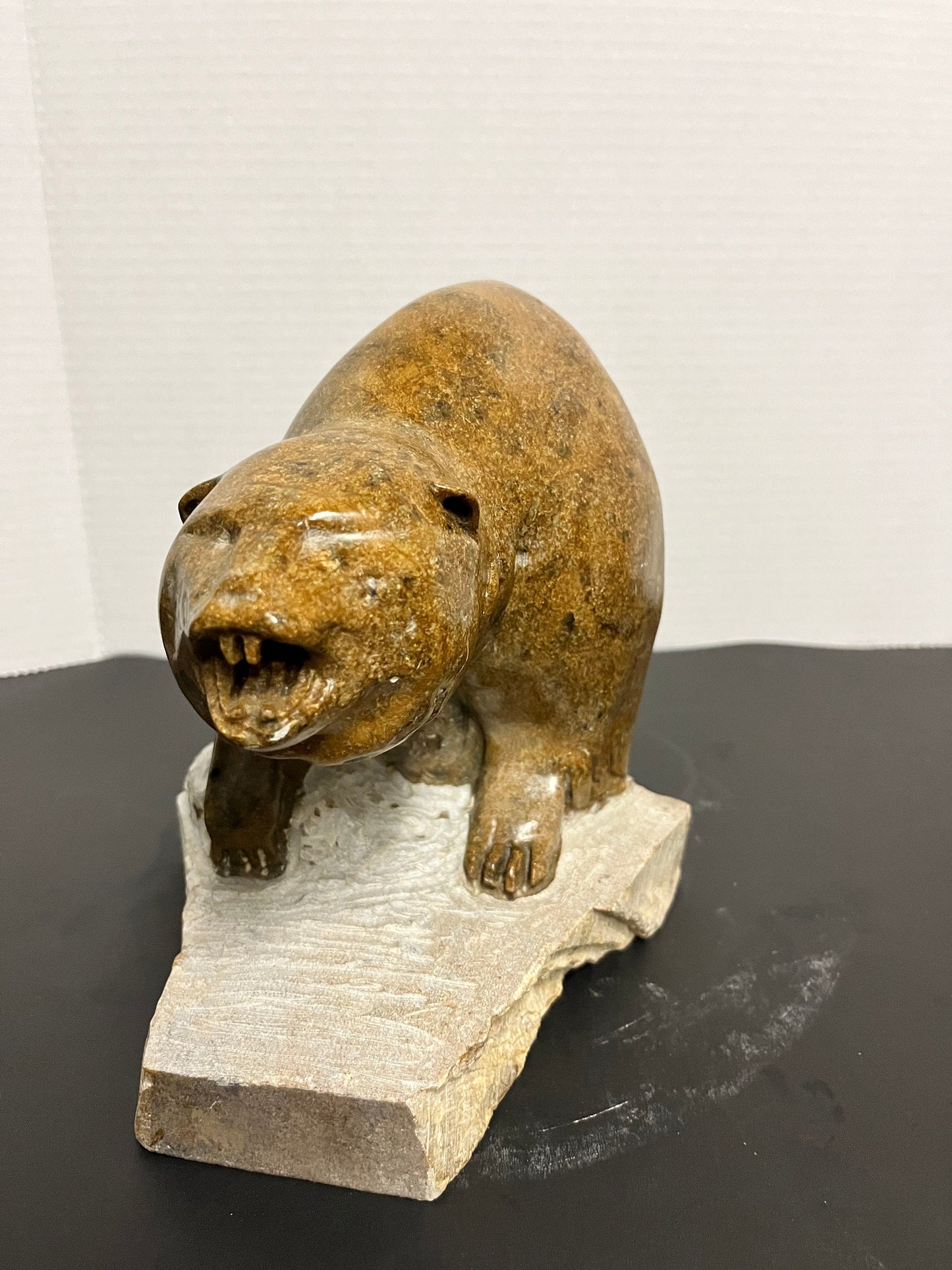 Huge Inuit soapstone bear Vintage stunning well carved Inuit soapstone attacking bear on Stone plynth remarkable detail and quality!