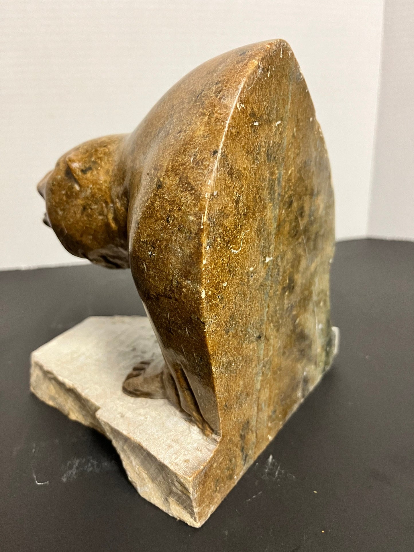 Huge Inuit soapstone bear Vintage stunning well carved Inuit soapstone attacking bear on Stone plynth remarkable detail and quality!