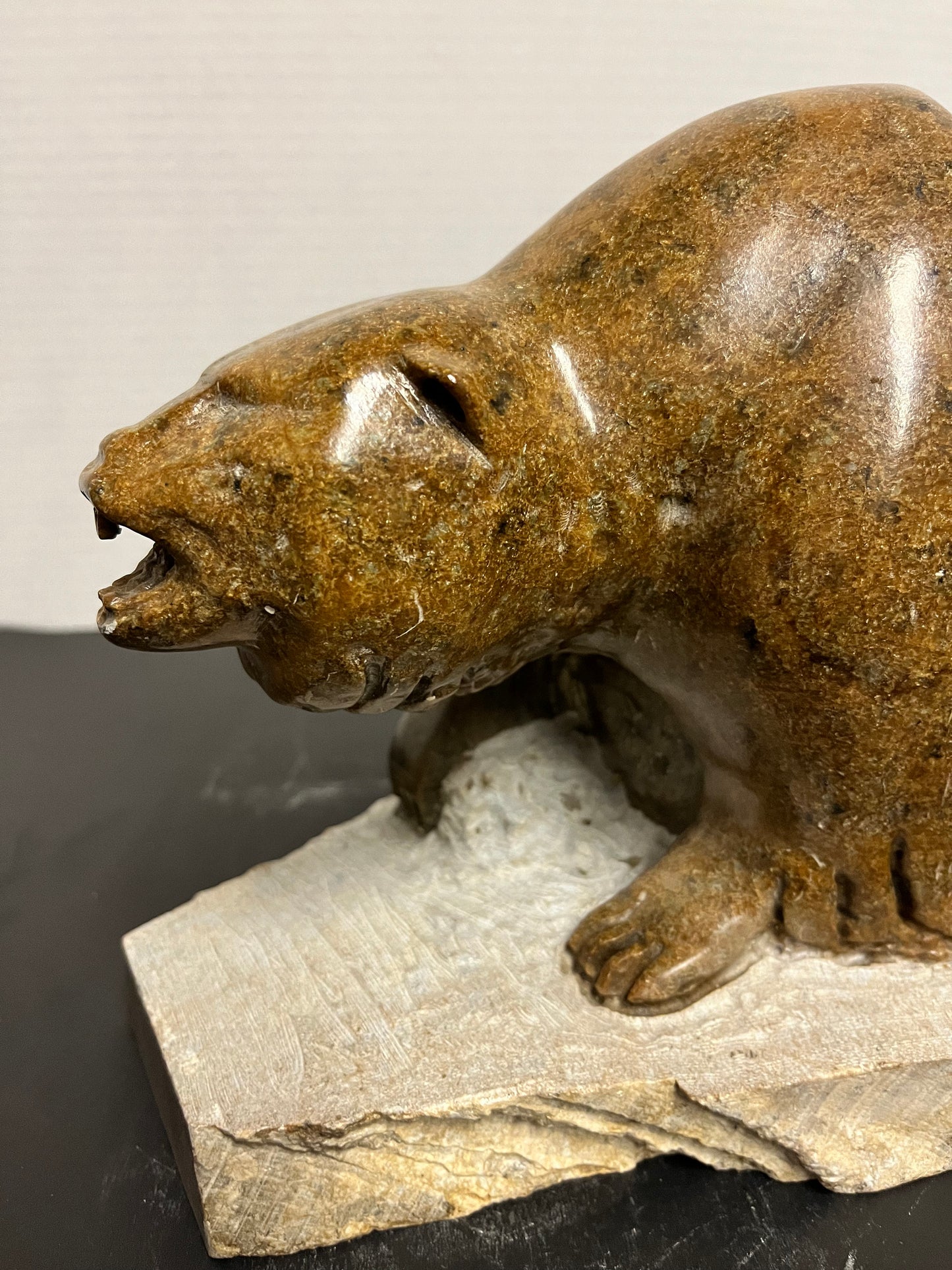 Huge Inuit soapstone bear Vintage stunning well carved Inuit soapstone attacking bear on Stone plynth remarkable detail and quality!