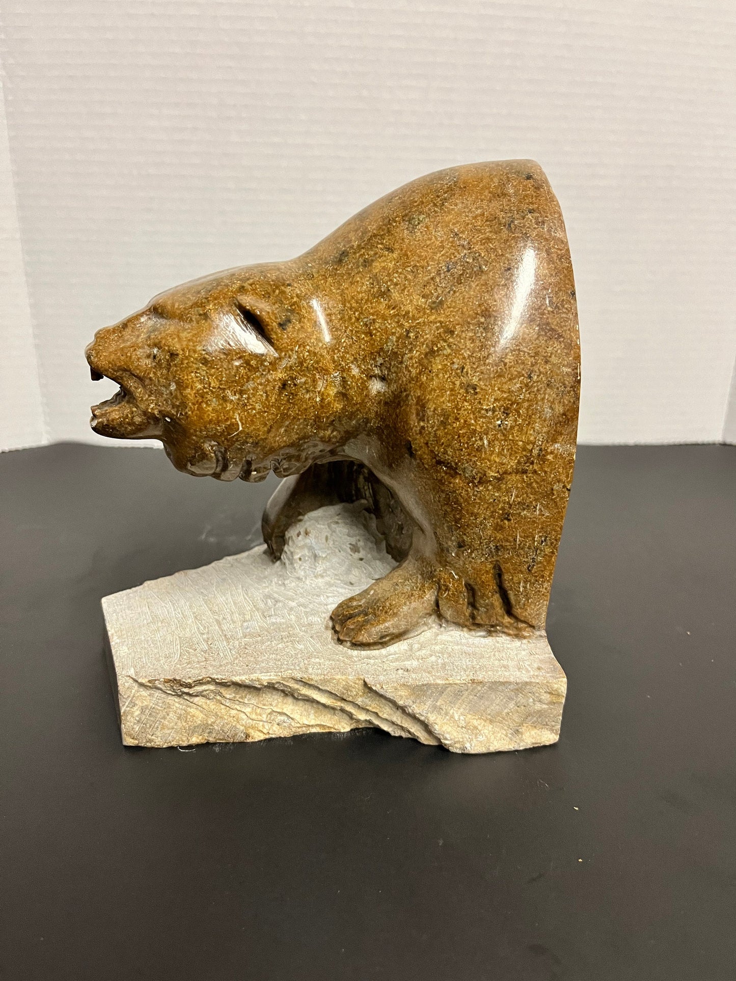 Huge Inuit soapstone bear Vintage stunning well carved Inuit soapstone attacking bear on Stone plynth remarkable detail and quality!