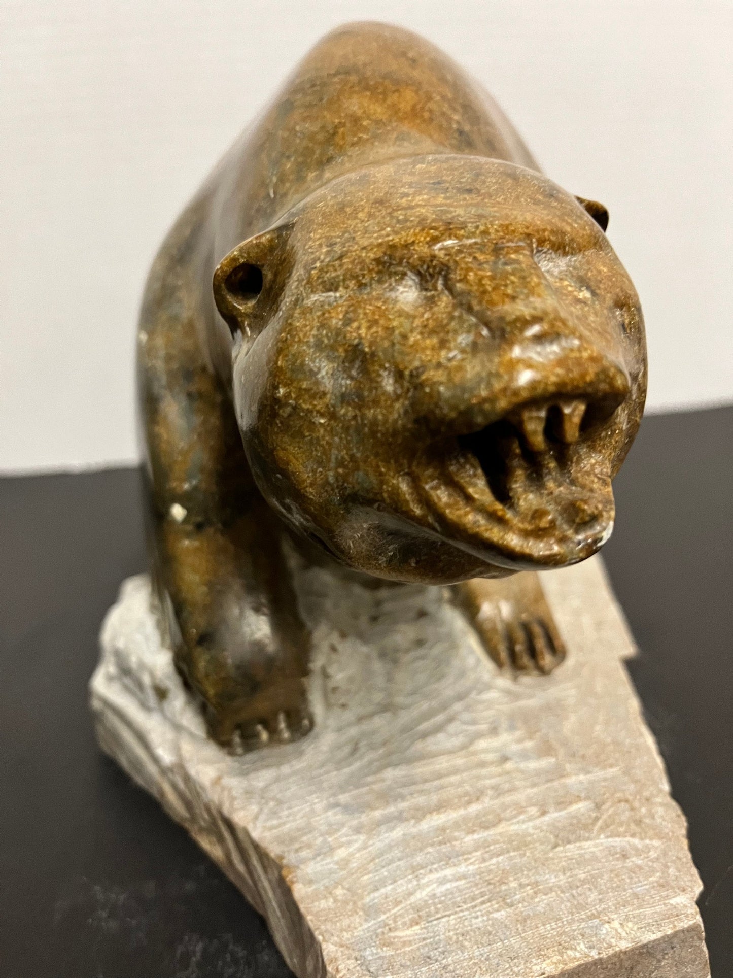 Huge Inuit soapstone bear Vintage stunning well carved Inuit soapstone attacking bear on Stone plynth remarkable detail and quality!