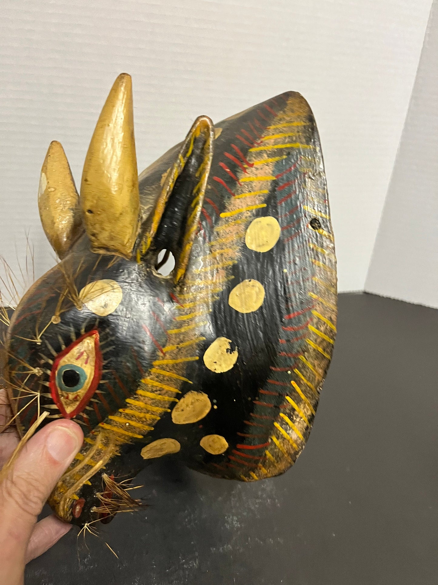 9 inch polychrome antique South American mask great paint and patina an overall amazing tribal look very unique features in detail